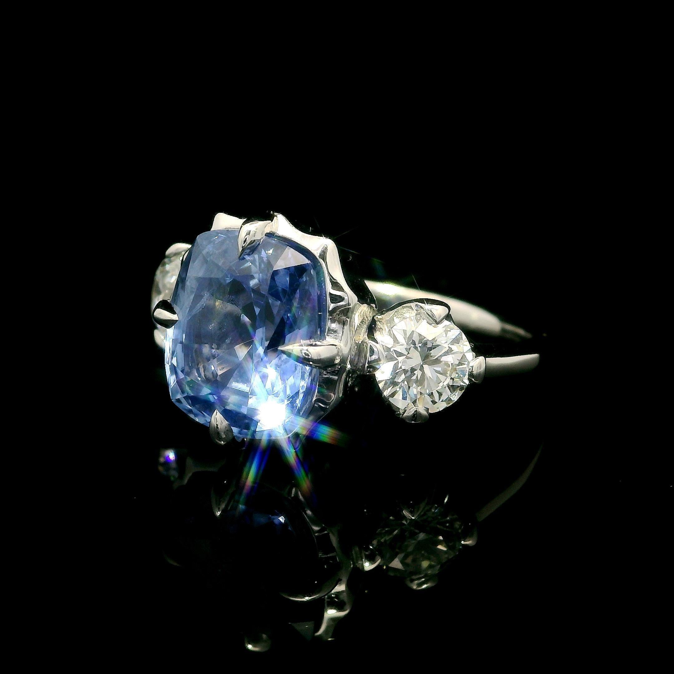 --Stone(s):--
(1) Natural Genuine Sapphire - Cushion Cut - Prong Set - Periwinkle Lively Blue Color - NO HEAT -4.46ct (exact - certified)
** See Certification Details Below for Complete Info **
(2) Natural Genuine Diamonds - Round Brilliant Cut -