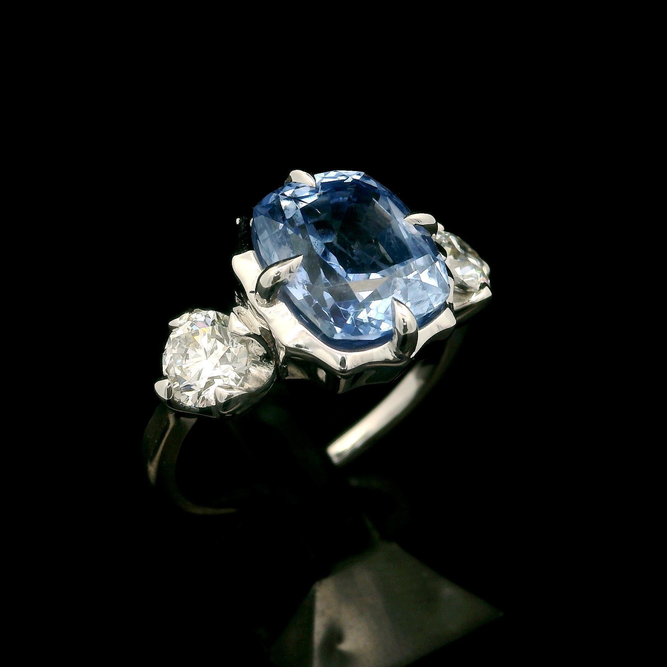 Women's 18k White Gold GIA 5.36ct Cushion Periwinkle Blue Sapphire and Diamond Ring For Sale
