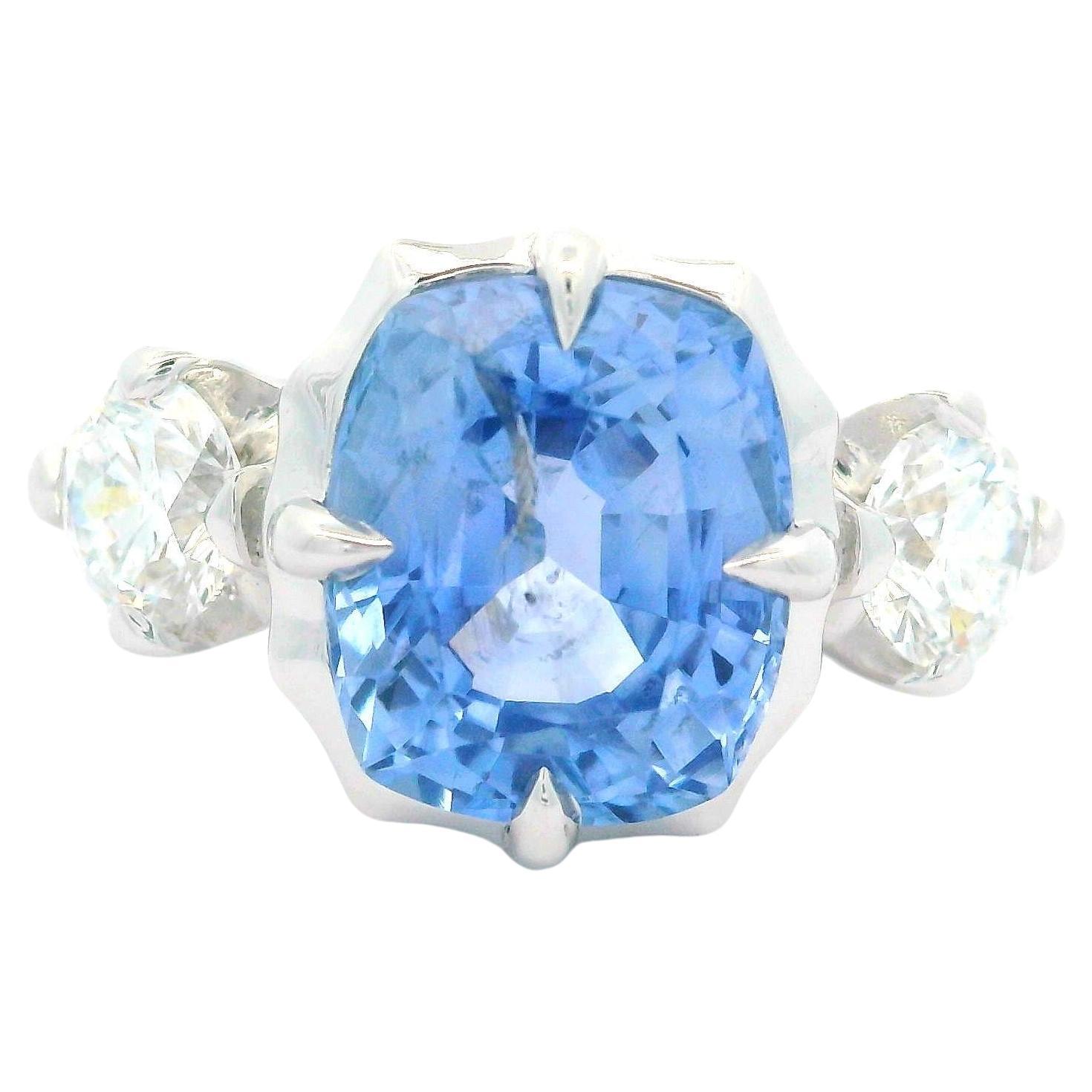 18k White Gold GIA 5.36ct Cushion Periwinkle Blue Sapphire and Diamond Ring For Sale