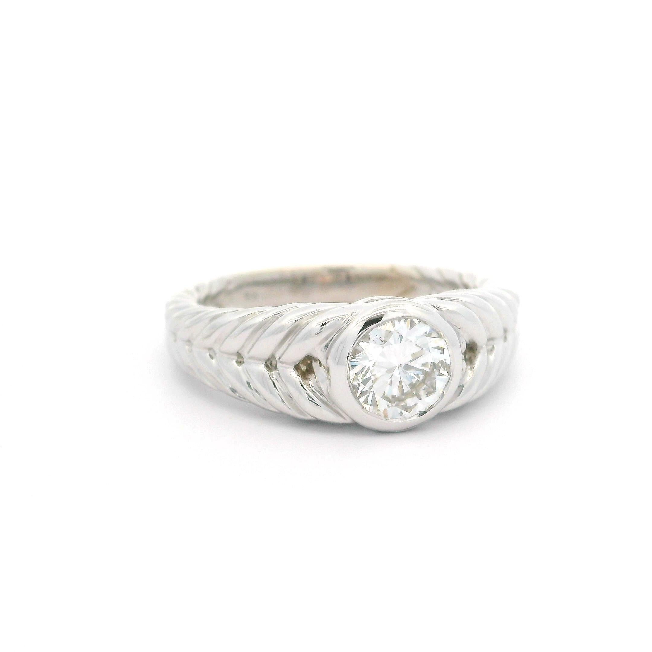 18k White Gold GIA .75ct Bezel Diamond Solitaire Polished Cable Braided Ring For Sale 5