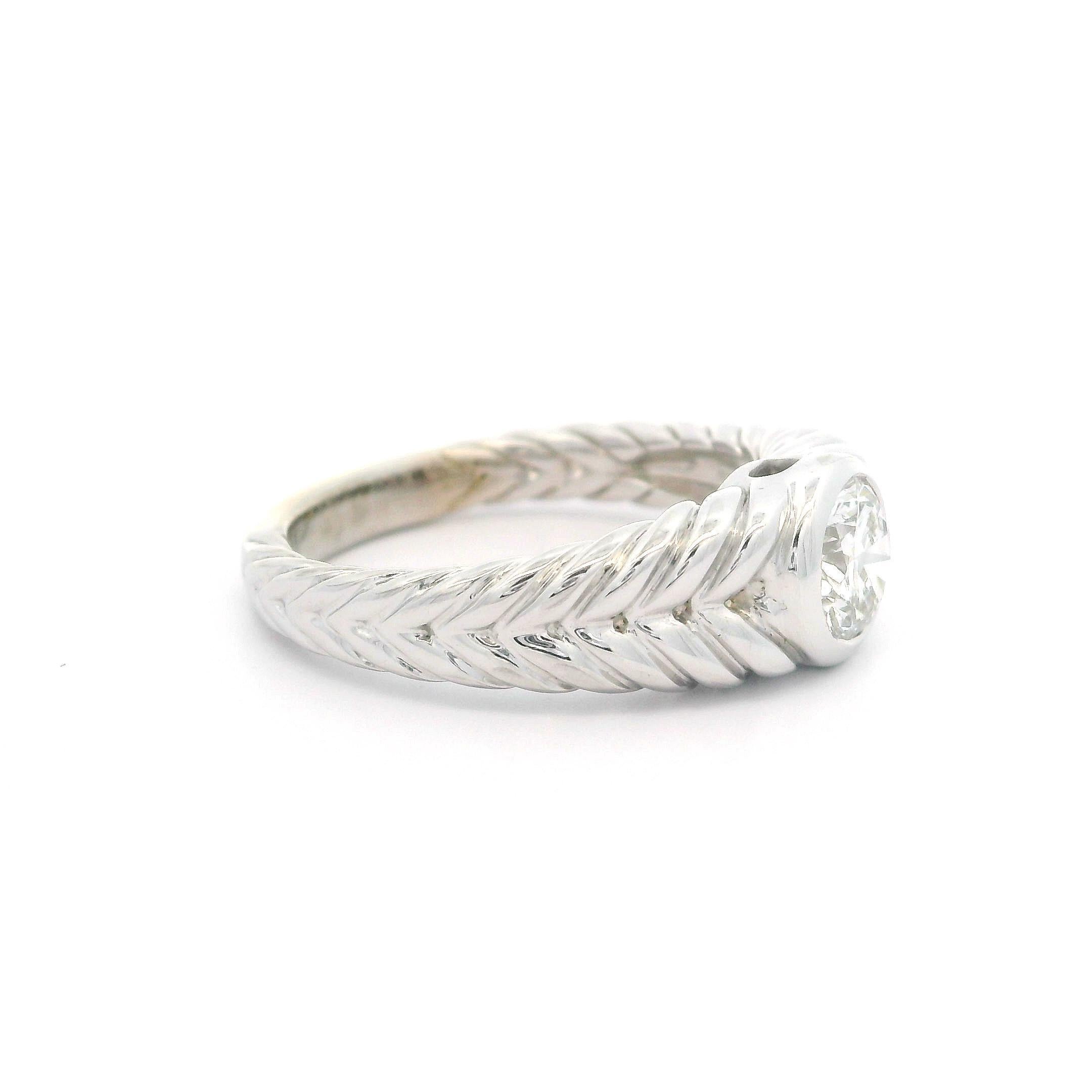 18k White Gold GIA .75ct Bezel Diamond Solitaire Polished Cable Braided Ring For Sale 6
