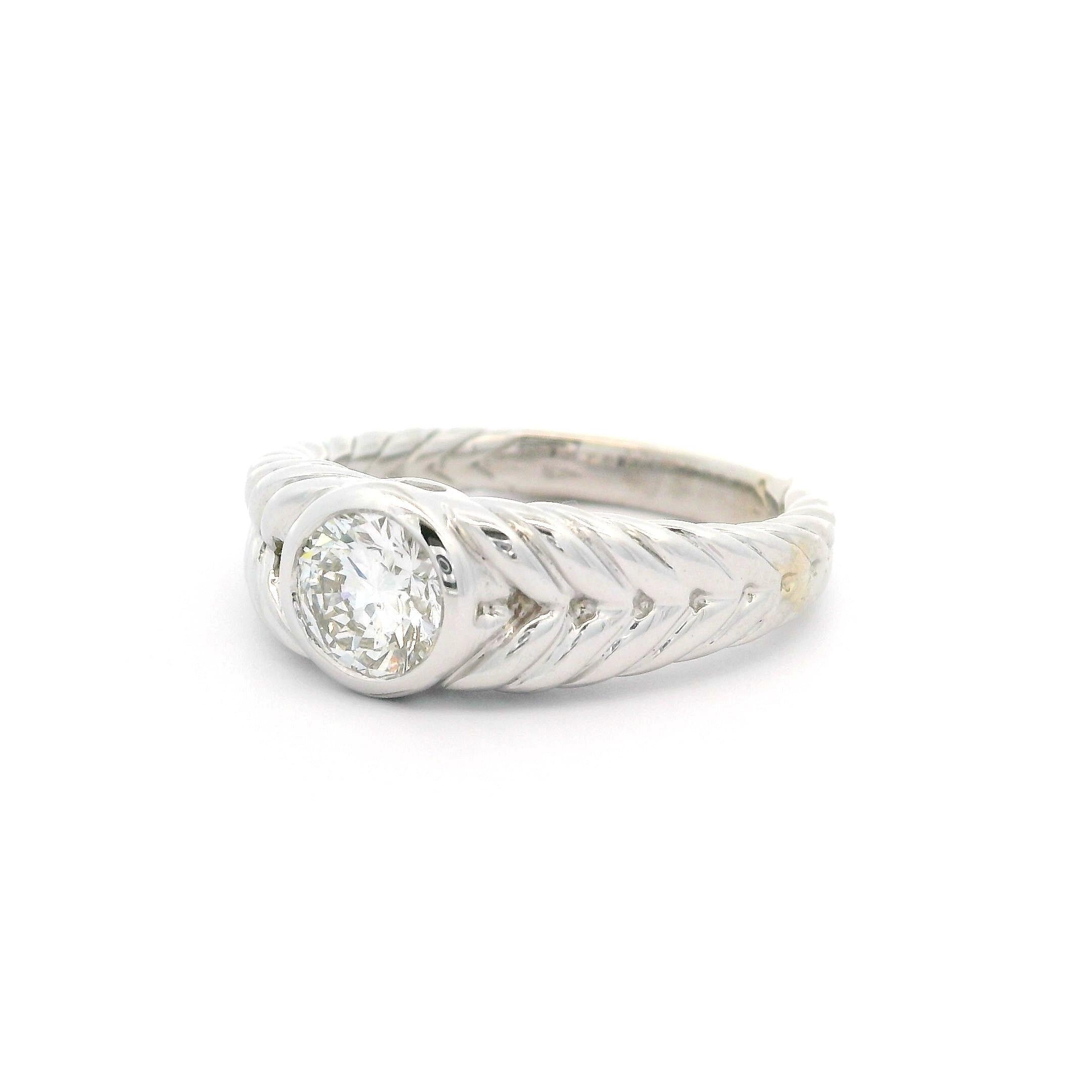 18k White Gold GIA .75ct Bezel Diamond Solitaire Polished Cable Braided Ring For Sale 7