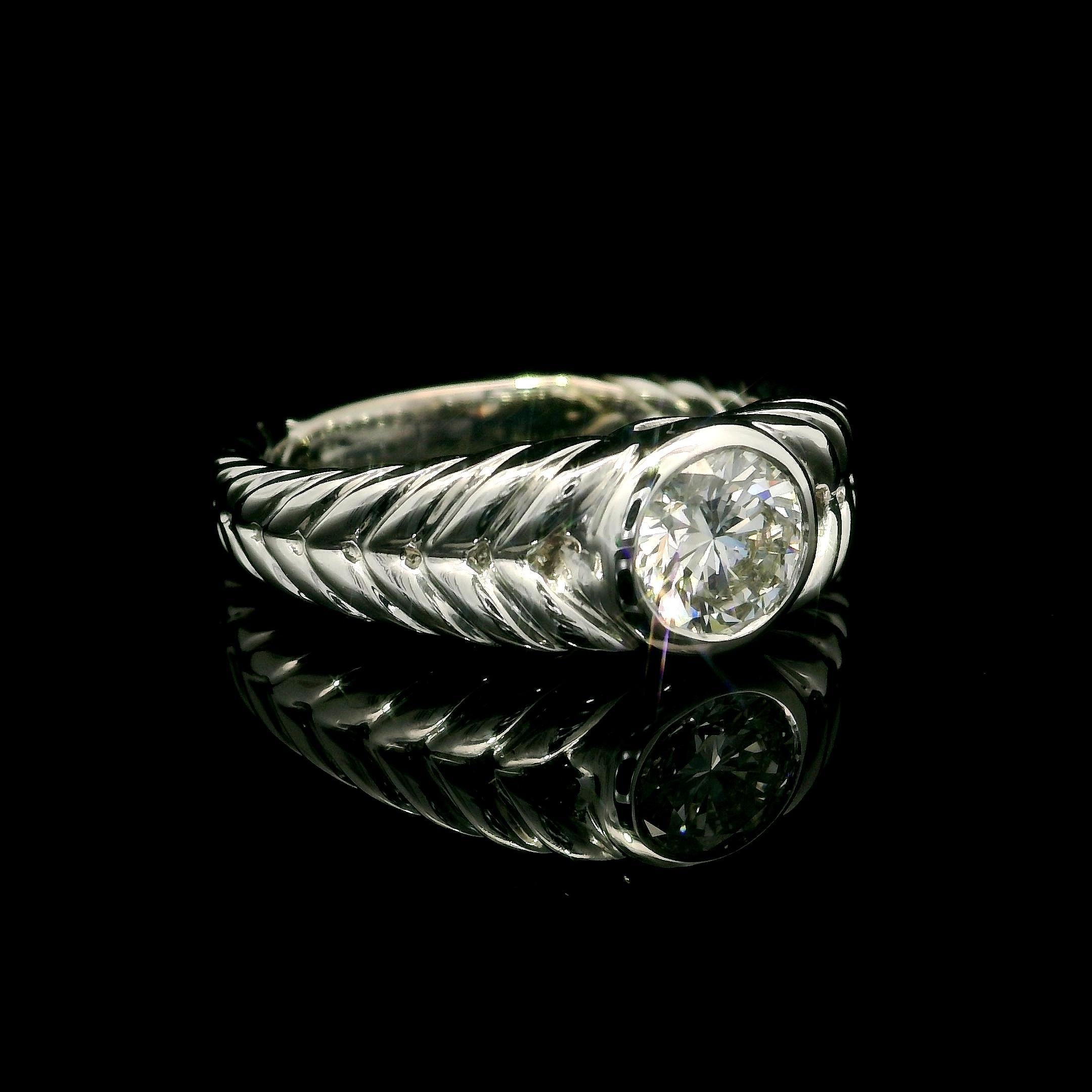 Brilliant Cut 18k White Gold GIA .75ct Bezel Diamond Solitaire Polished Cable Braided Ring For Sale