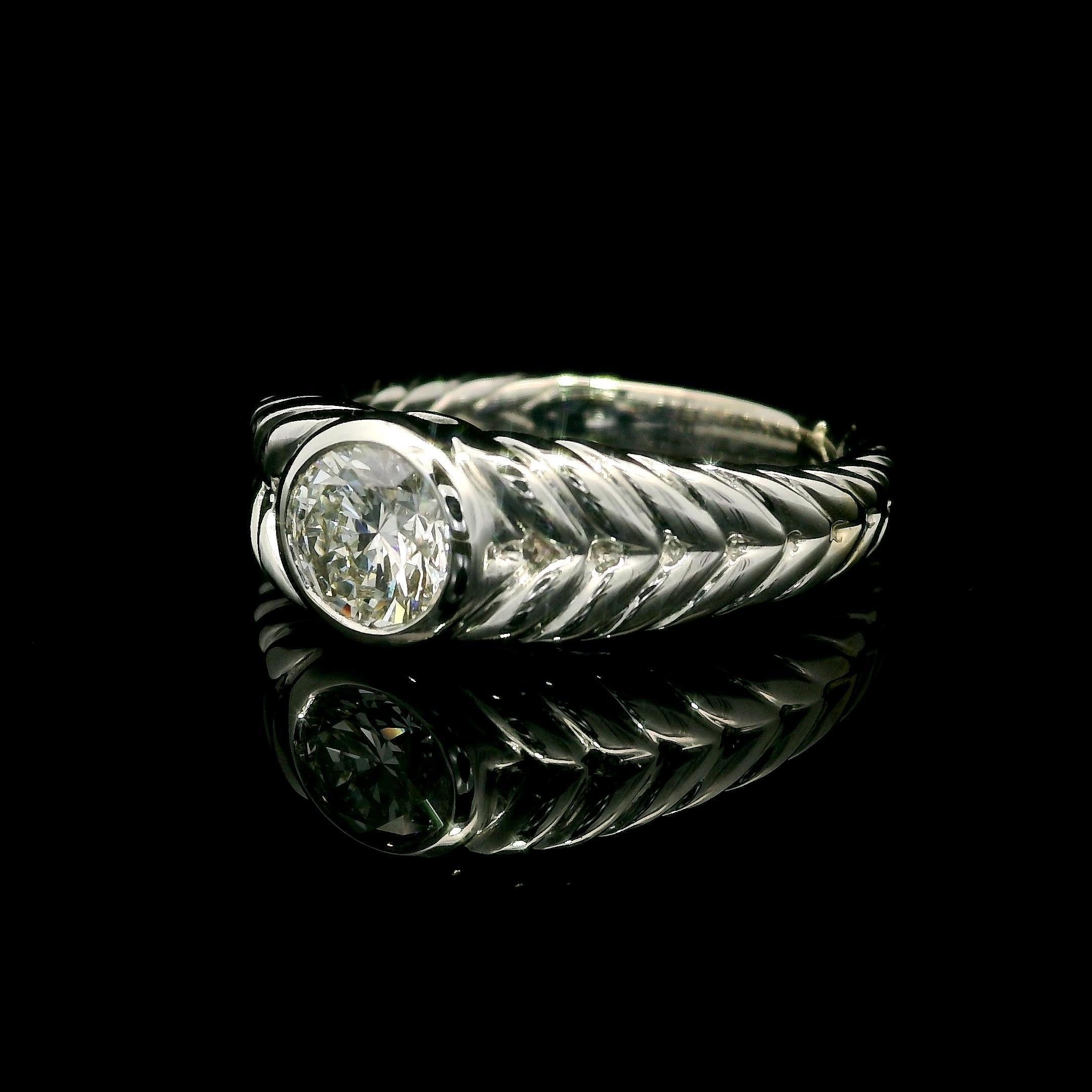 18k White Gold GIA .75ct Bezel Diamond Solitaire Polished Cable Braided Ring In New Condition For Sale In Montclair, NJ