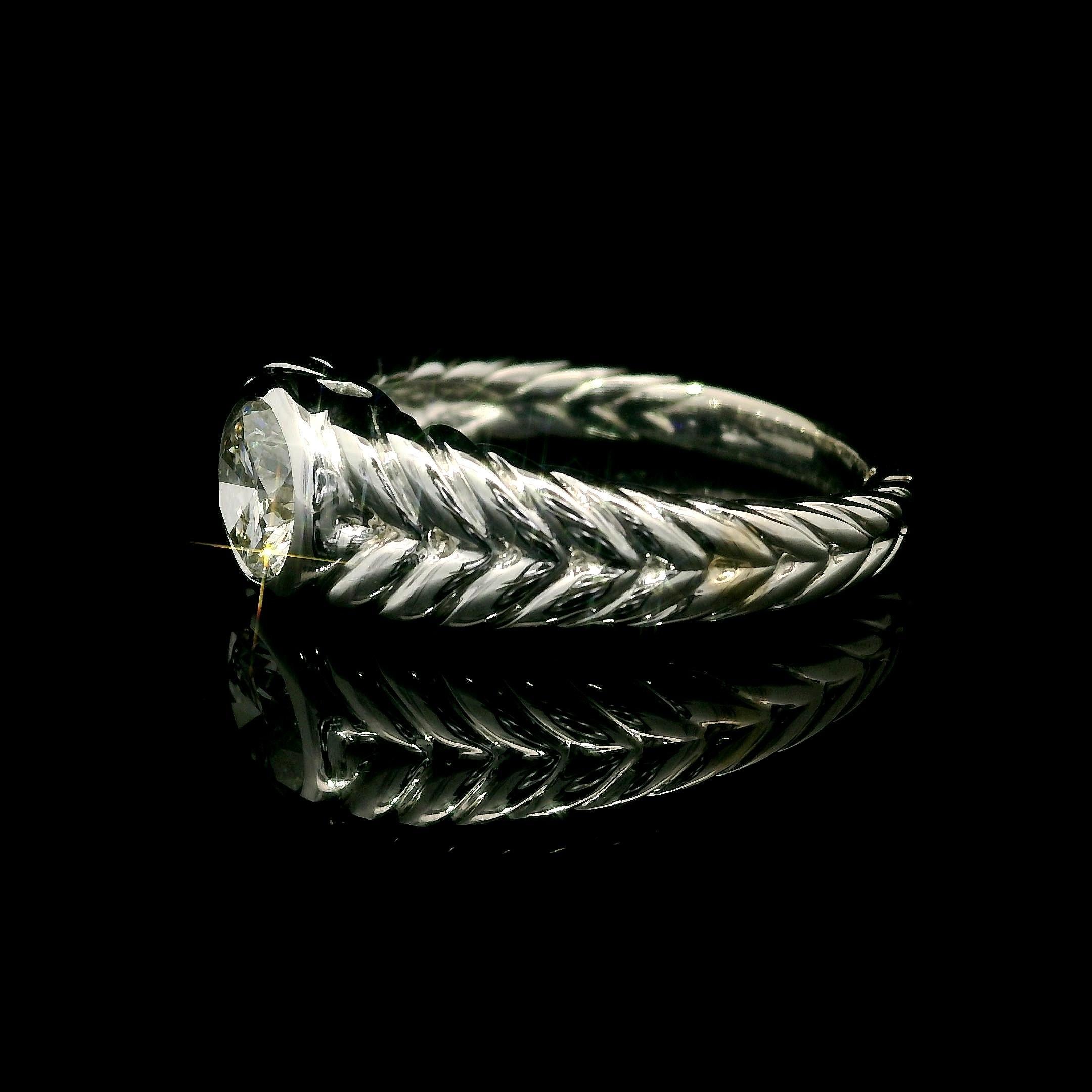 Women's or Men's 18k White Gold GIA .75ct Bezel Diamond Solitaire Polished Cable Braided Ring For Sale