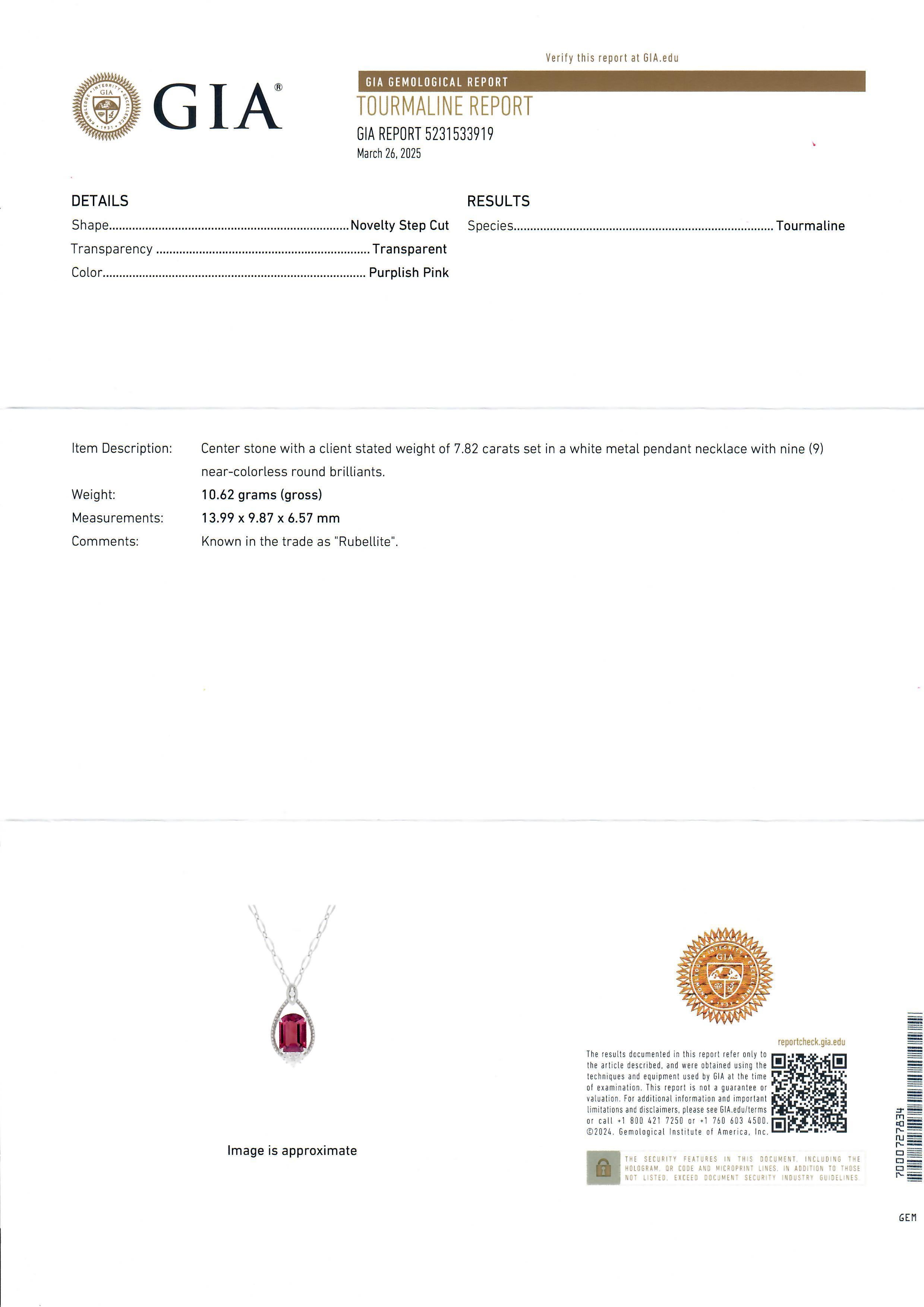18k White Gold GIA 8.18ct Rubellite Tourmaline & Diamond Pendant Unique Necklace For Sale 1