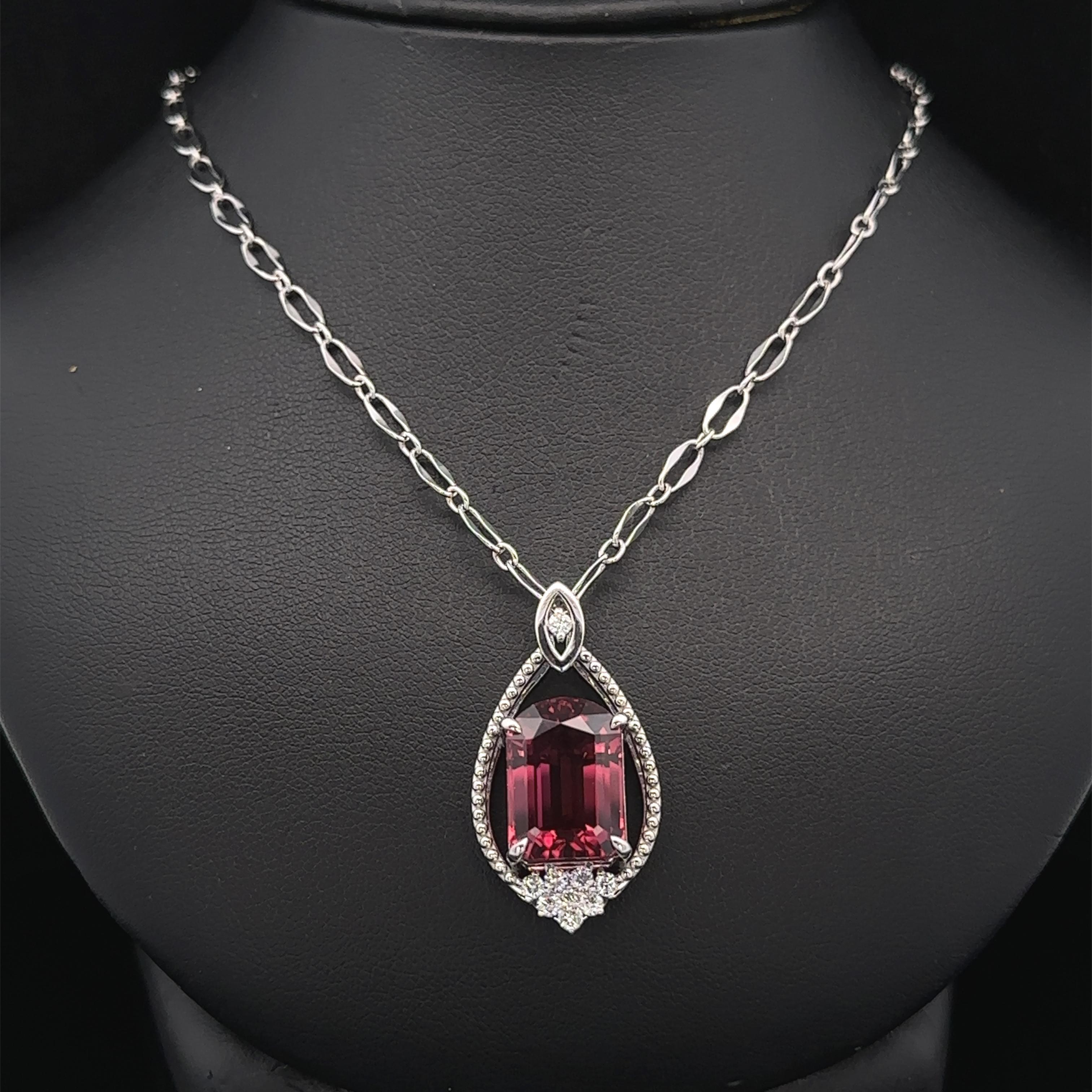 18k White Gold GIA 8.18ct Rubellite Tourmaline & Diamond Pendant Unique Necklace For Sale 2