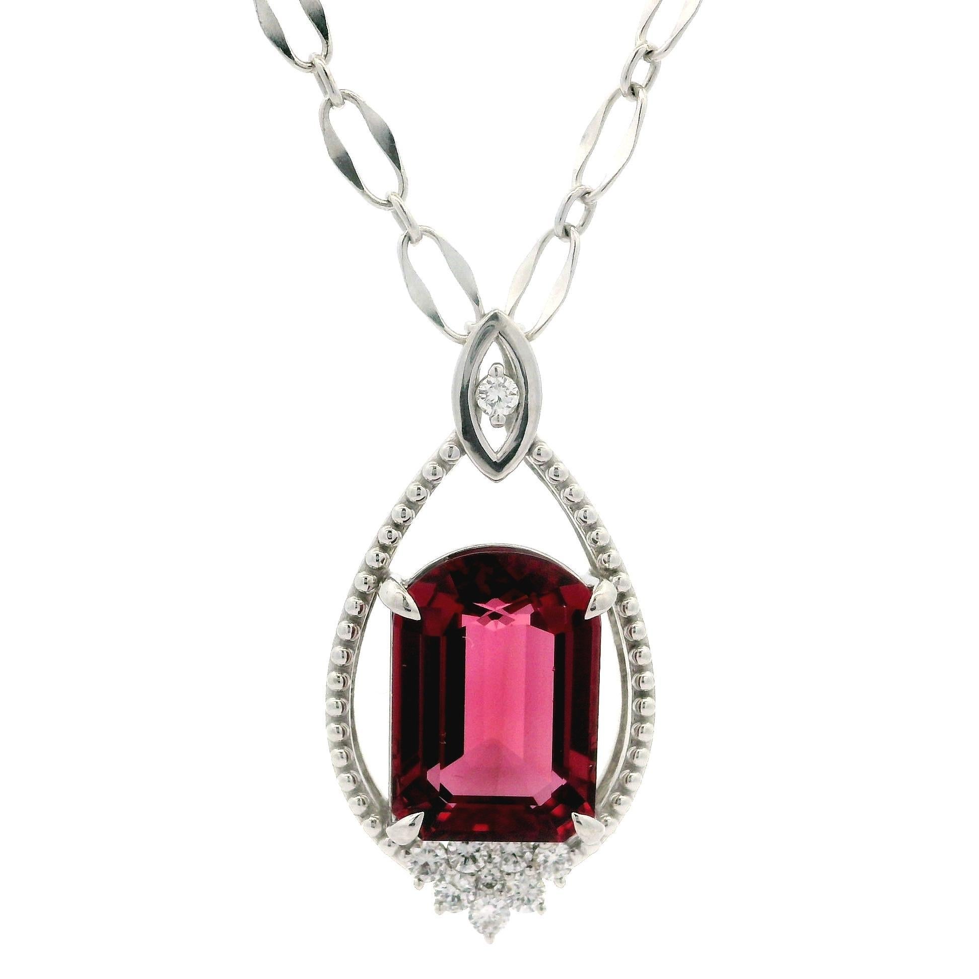 18k White Gold GIA 8.18ct Rubellite Tourmaline & Diamond Pendant Unique Necklace For Sale 3