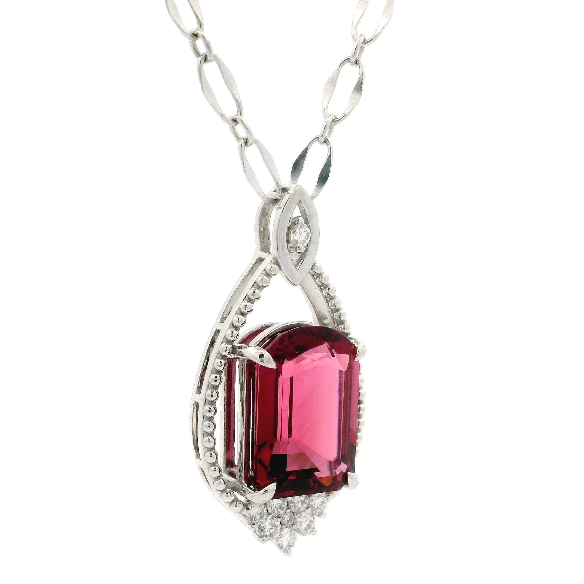 18k White Gold GIA 8.18ct Rubellite Tourmaline & Diamond Pendant Unique Necklace For Sale 4