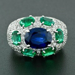18k White Gold GIA & AGL 3.08ct Burma Sapphire, Emerald, & Diamond Cocktail Ring