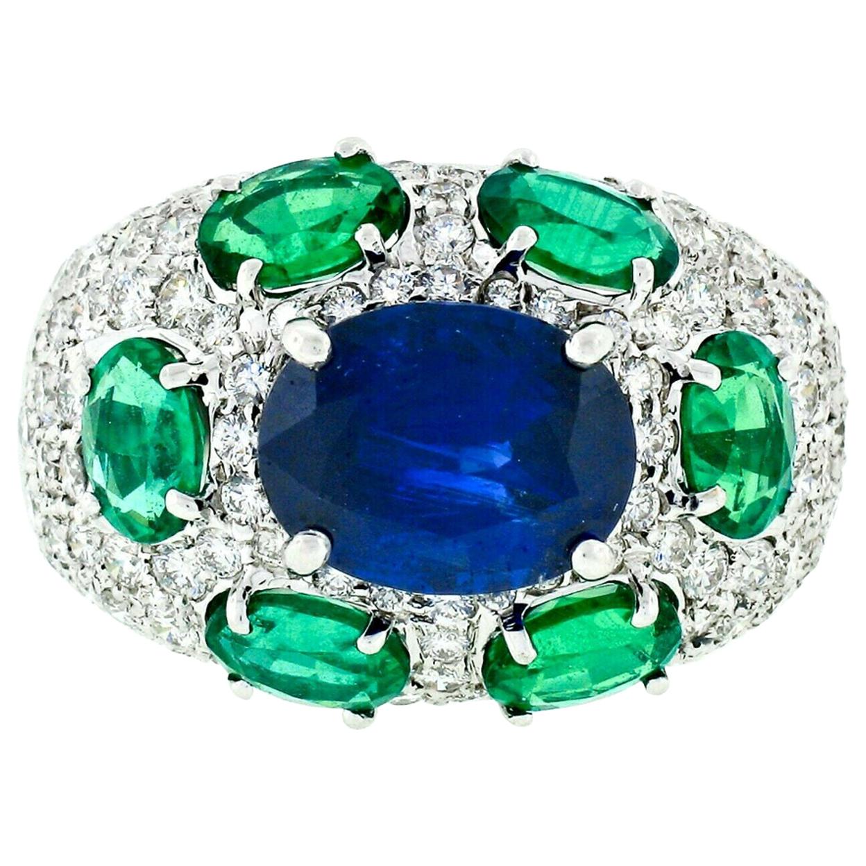 18k White Gold GIA & AGL 3.08ct Burma Sapphire, Emerald, & Diamond Cocktail Ring