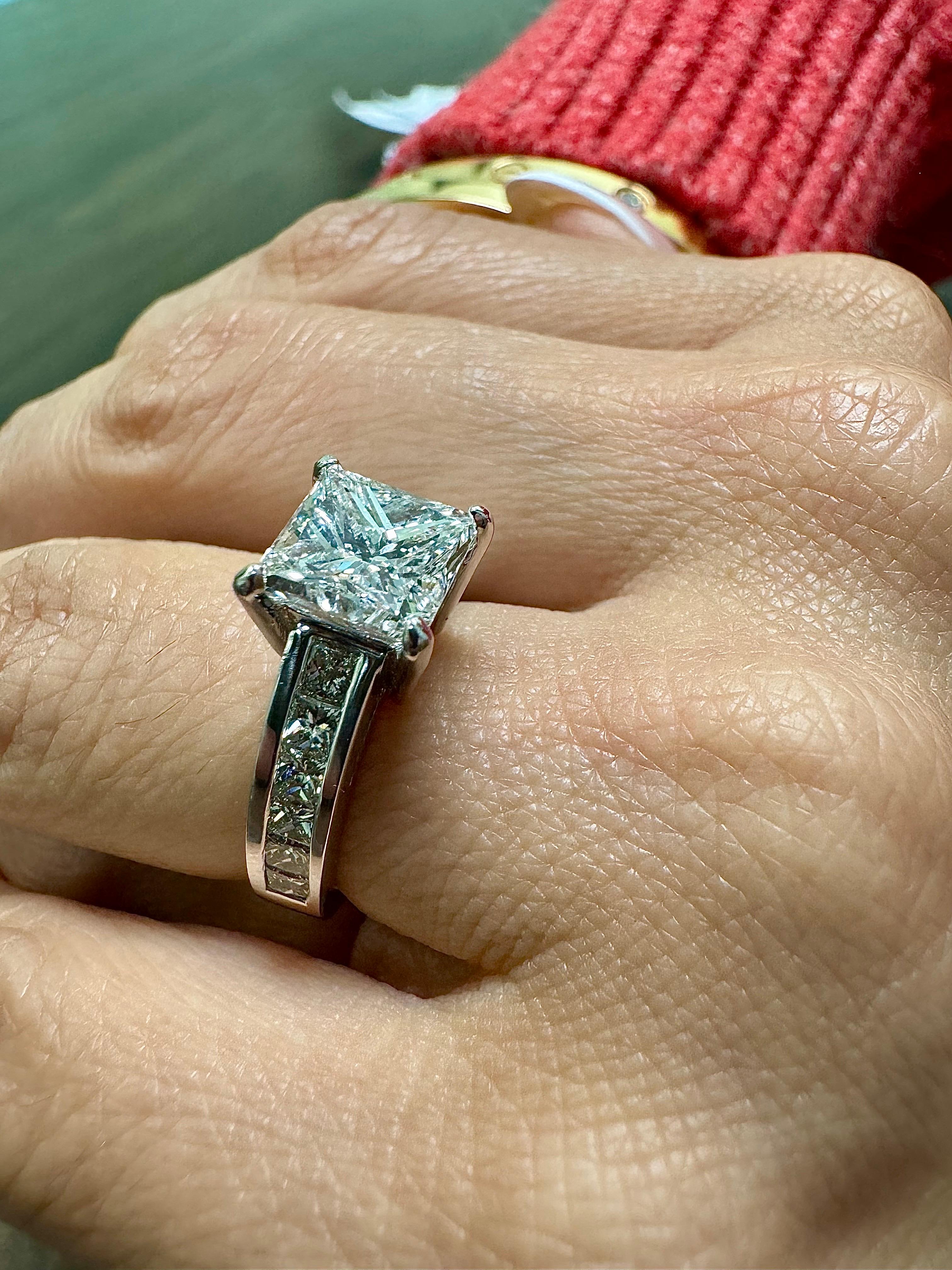 DeKara Designs Collection

Metal- 90% Platinum, 10% Iridium.

Stones- GIA Certified Princess Cut Diamond G Color SI2 Clarity 3.02 Carats, 12 Princess Cut Diamonds H-I Color VS1-VS2 Clarity 1.15 Carats.

Size- 6. FREE SIZING!!!!

Ring Comes With GIA