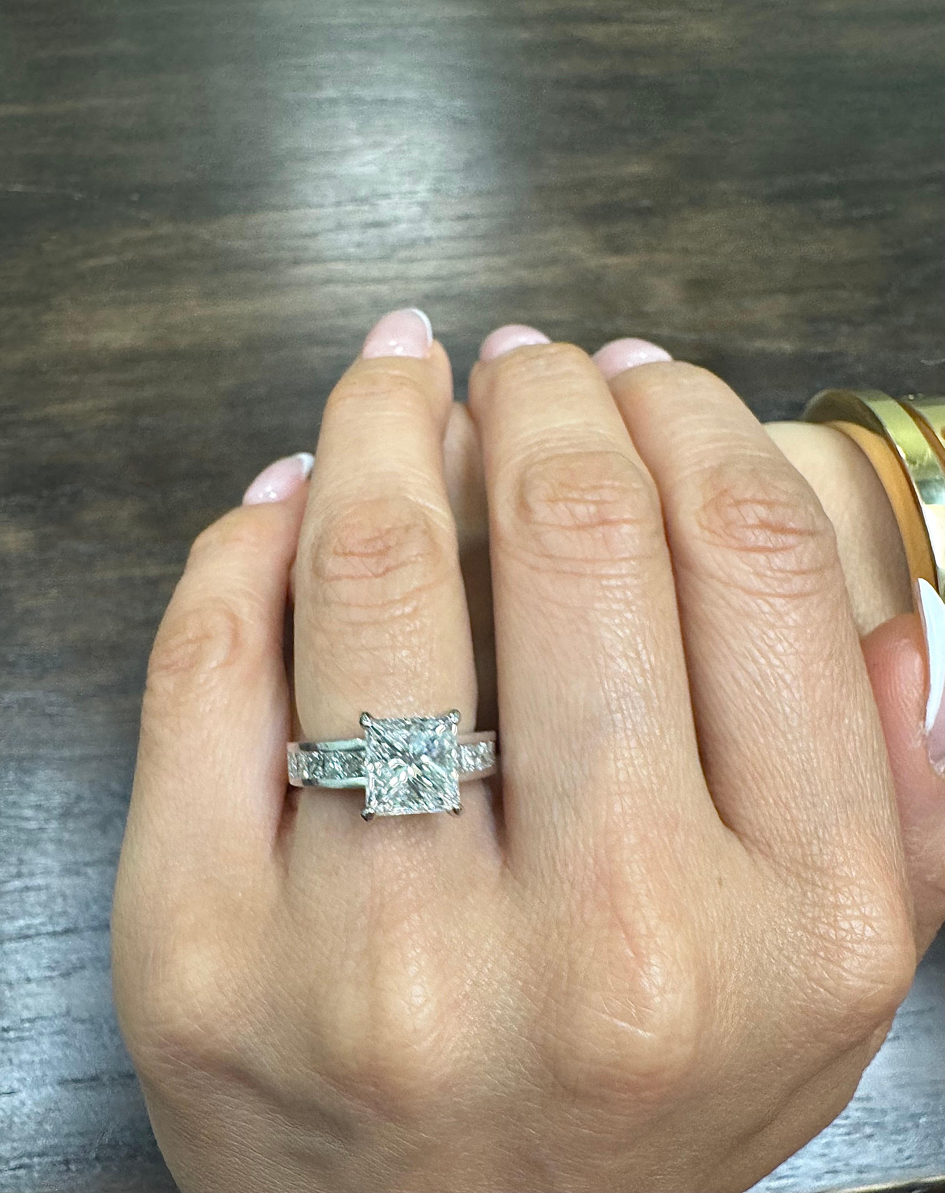 Women's 18K White Gold GIA Certified 4.17 G Color Princess Cut Diamond Engagement Ring For Sale