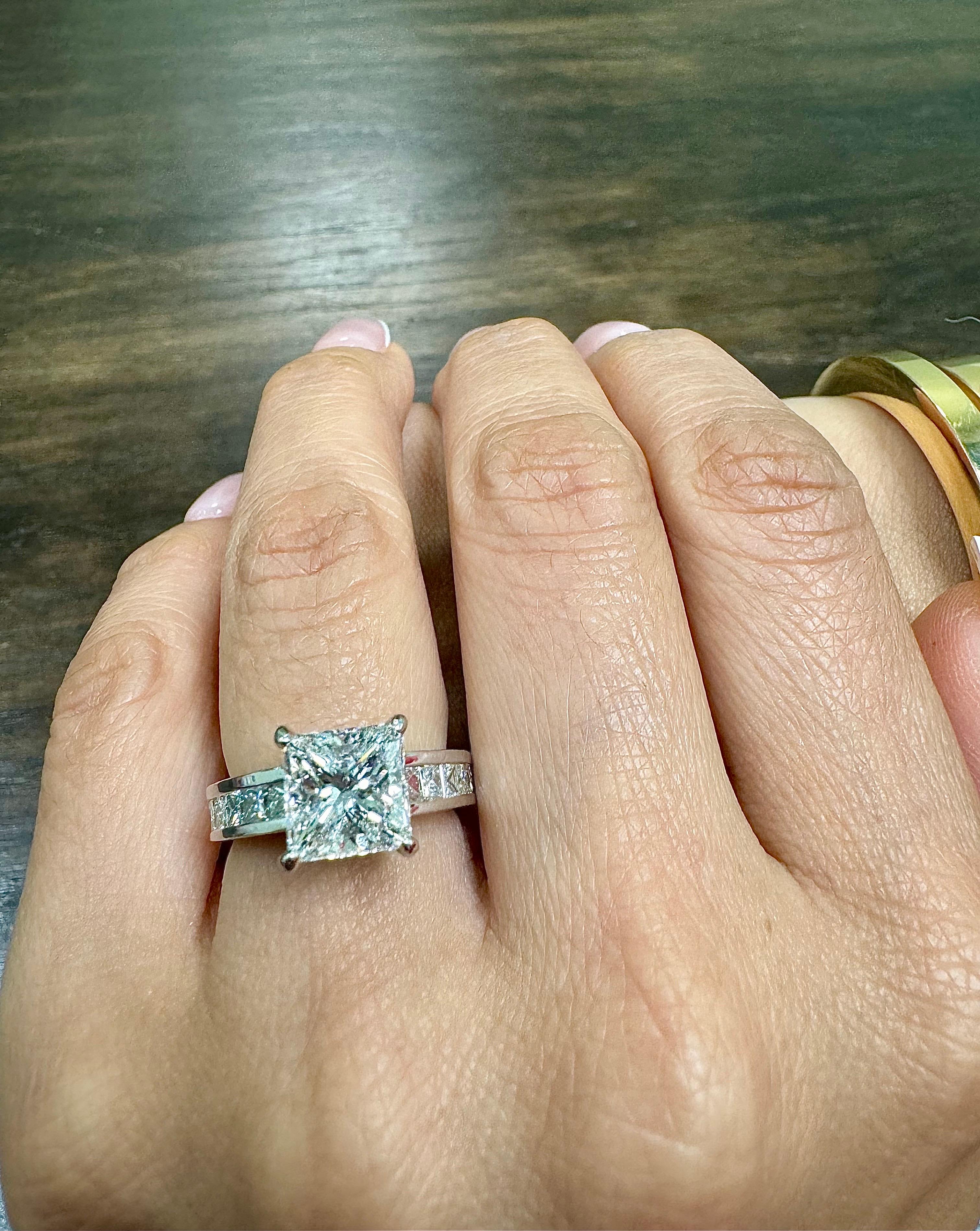 18K White Gold GIA Certified 4.17 G Color Princess Cut Diamond Engagement Ring For Sale 2
