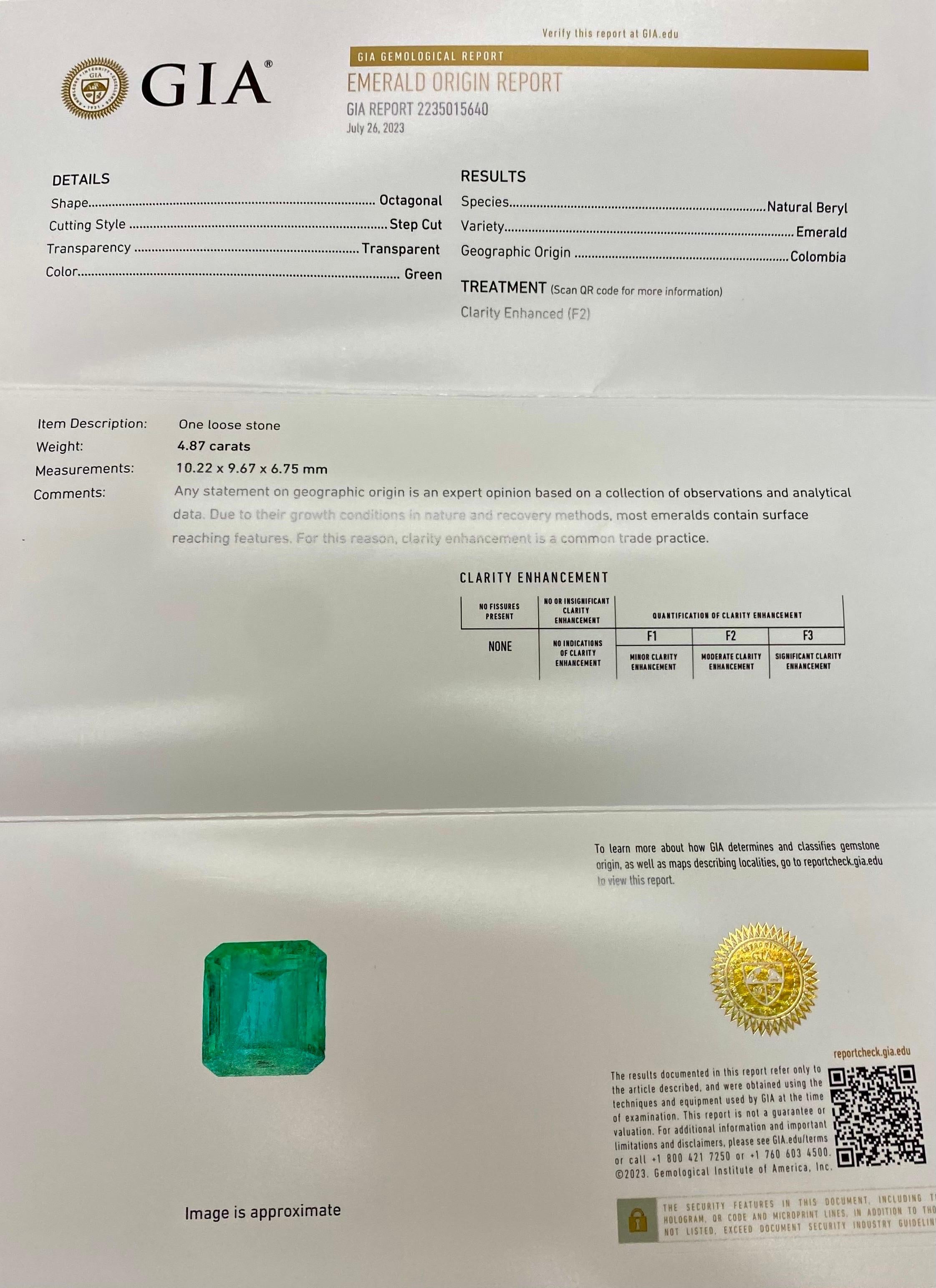 18 Karat Weißgold GIA zertifizierter 4,87 Karat kolumbianischer Smaragd-Diamant-Ring im Angebot 9