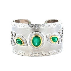 18k White Gold GIA Certified 6.72ct Emeralds and 1.98ctw Diamonds Cuff Bangle