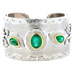 18k White Gold GIA Certified 6.72ct Emeralds and 1.98ctw Diamonds Cuff Bangle
