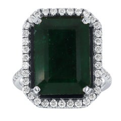 18k White Gold GIA Certified 9.75 Carat Green Emerald Halo Diamond Ring