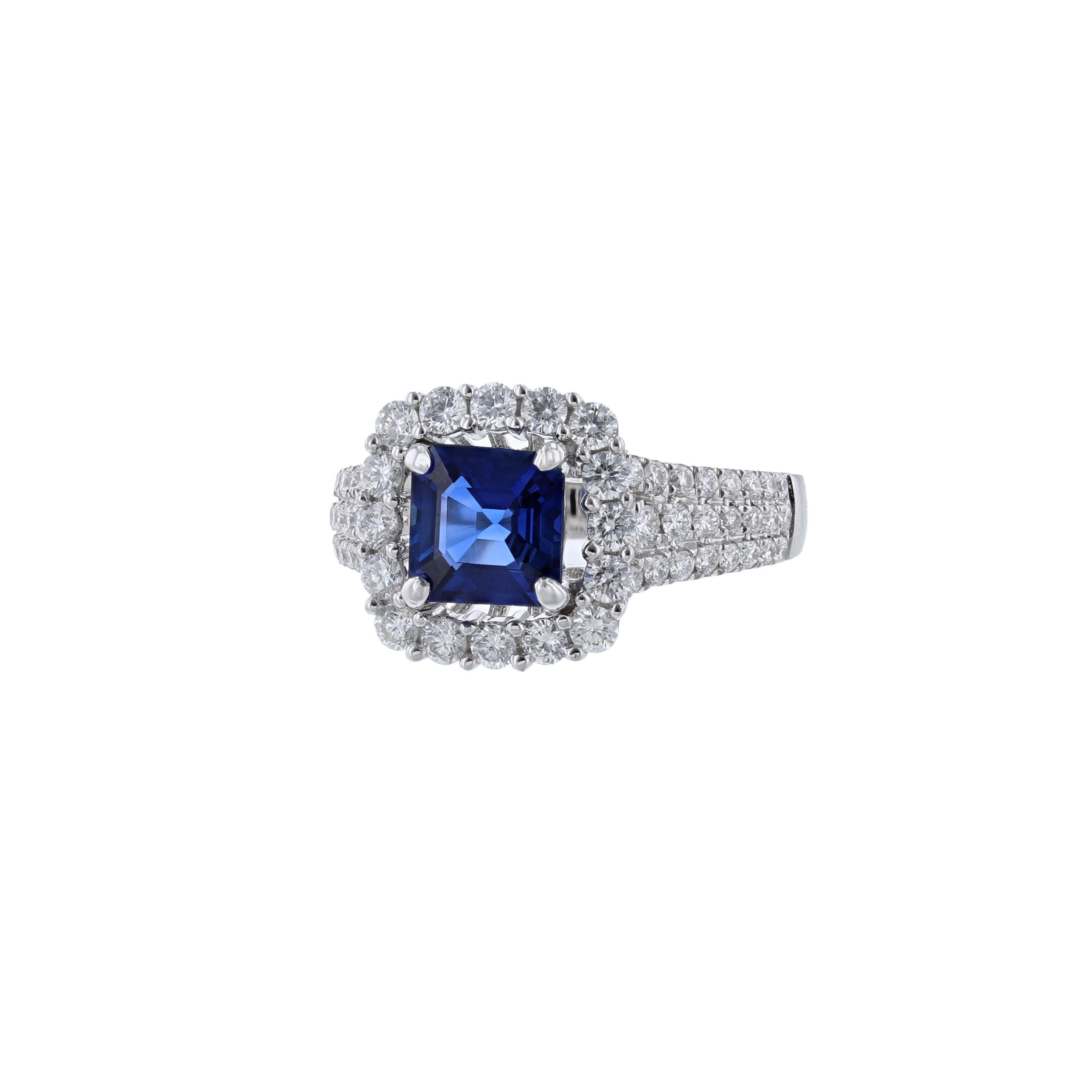 This ring is made in 18K white gold and features 1 asscher cut blue sapphire weighing 1.49 carat. Also, the ring features 62 round cut diamonds weighing 0.97 carat. With a color grade (H) and clarity (SI1). GIA Certified Number 5161365702.