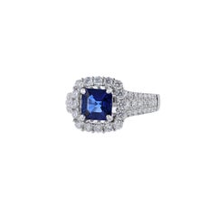 18K White Gold GIA Certified Asscher Cut Blue Sapphire Diamond Ring