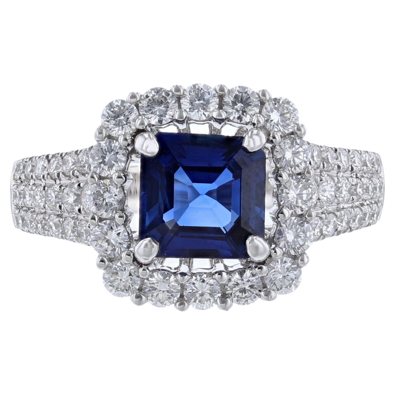 18K White Gold GIA Certified Asscher Cut Blue Sapphire Diamond Ring