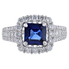18K White Gold GIA Certified Asscher Cut Blue Sapphire Diamond Ring