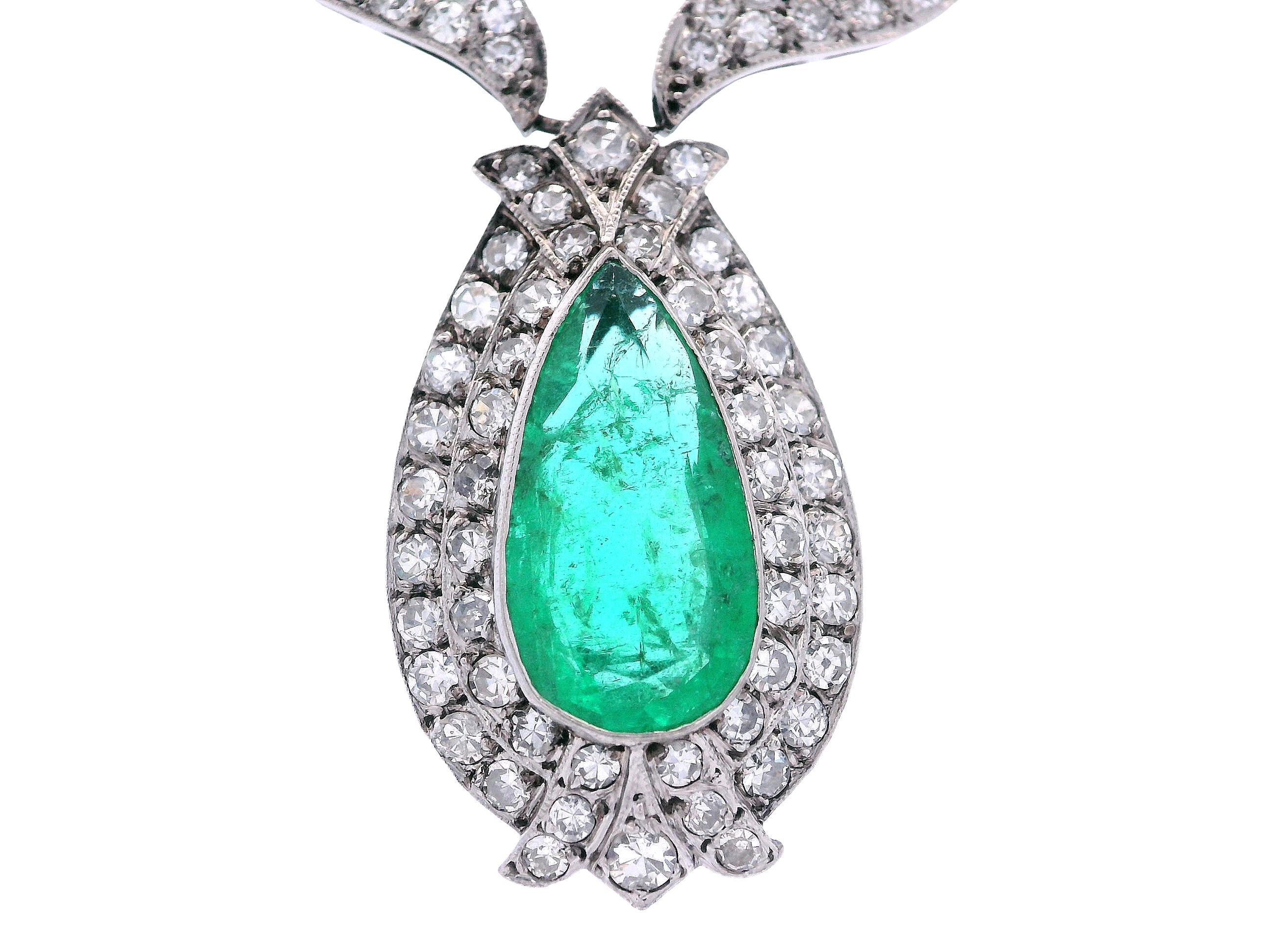 Women's or Men's 18K White Gold GIA Certified Colombian Emerald & Diamond Necklace For Sale