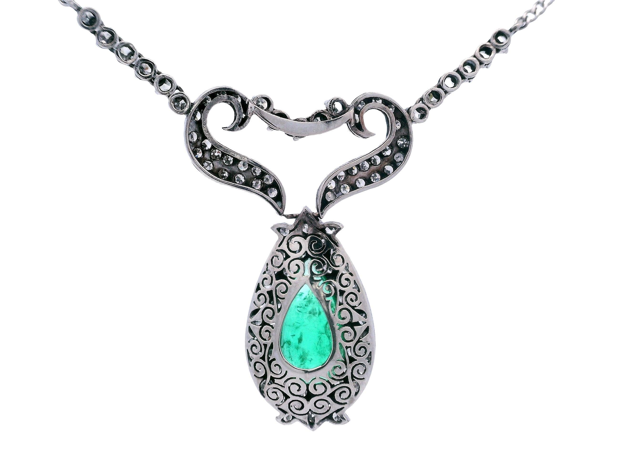 18K White Gold GIA Certified Colombian Emerald & Diamond Necklace For Sale 4