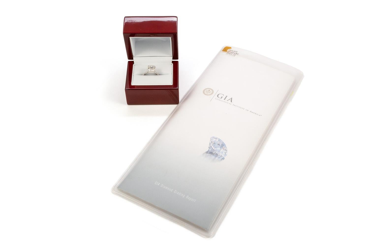 18 Karat White Gold GIA Certified Cushion Cut Diamond Halo Ring 2.83 Carat 1