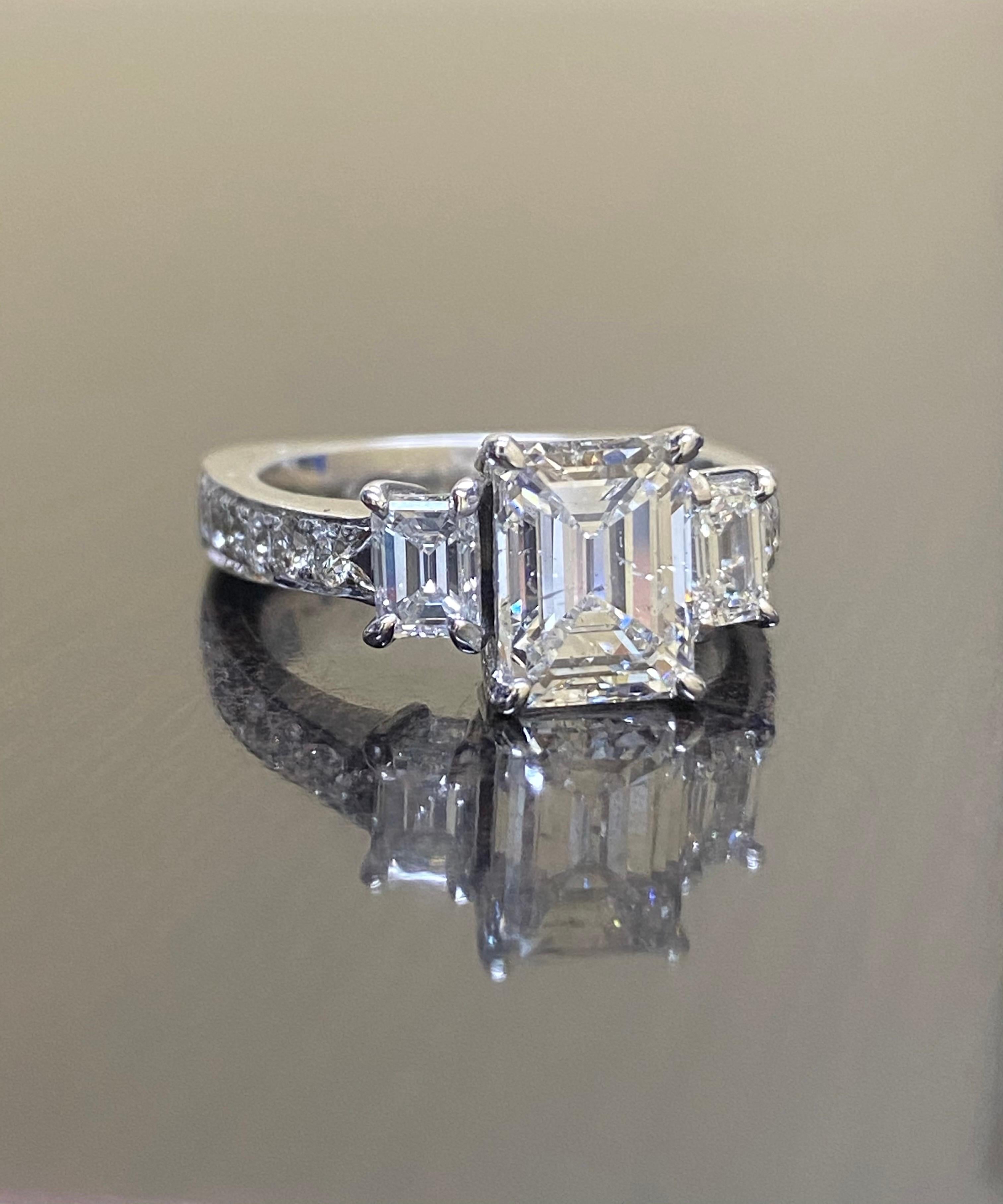 18K White Gold GIA Certified Emerald Cut Diamond Three Stone Engagement Ring For Sale 5