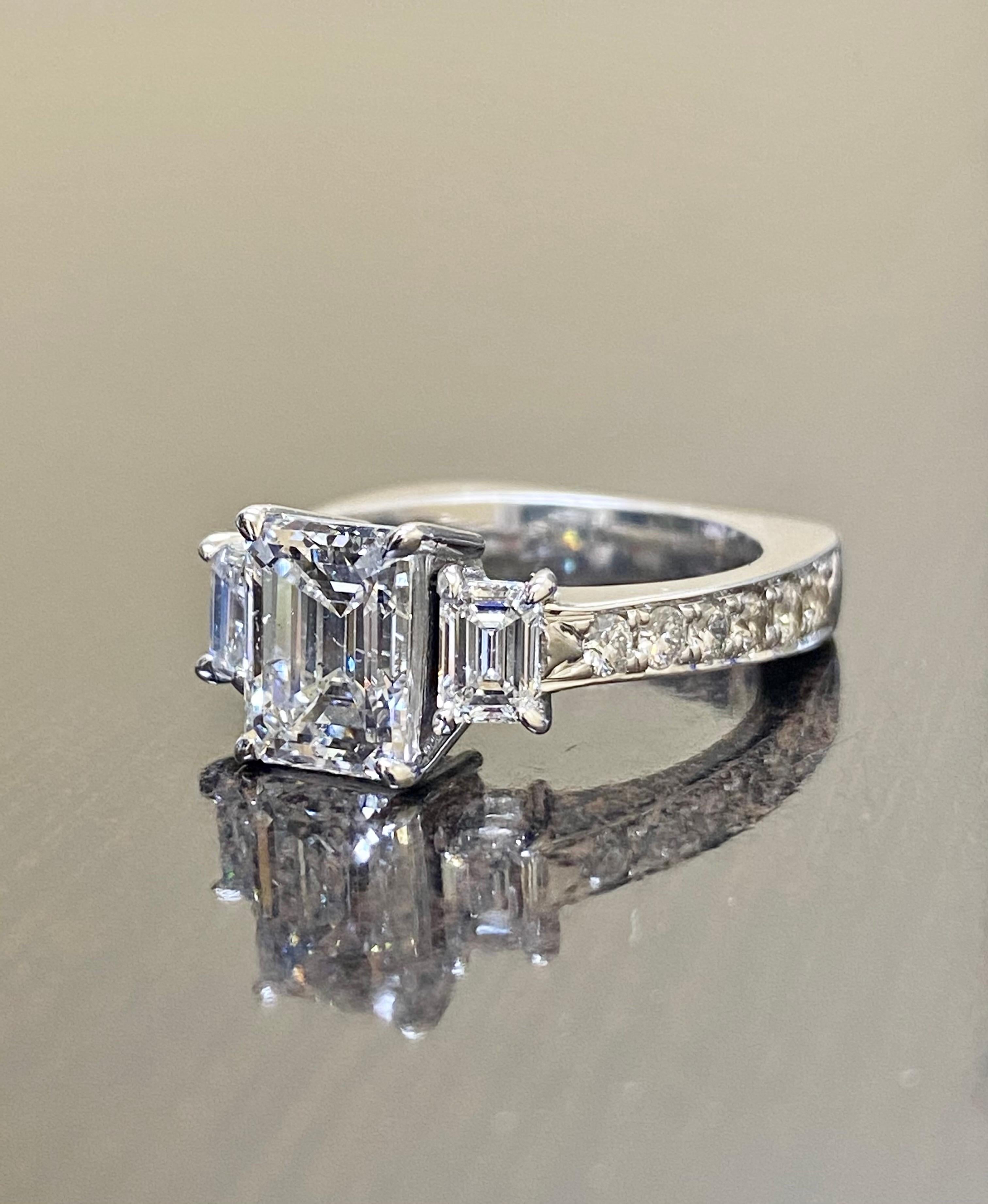 18K White Gold GIA Certified Emerald Cut Diamond Three Stone Engagement Ring For Sale 7