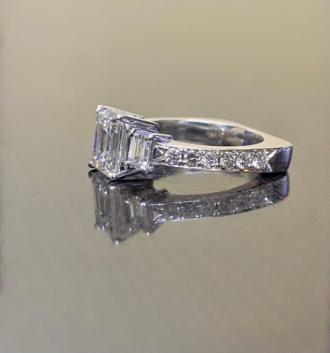 Art Deco 18K White Gold GIA Certified Emerald Cut Diamond Three Stone Engagement Ring For Sale