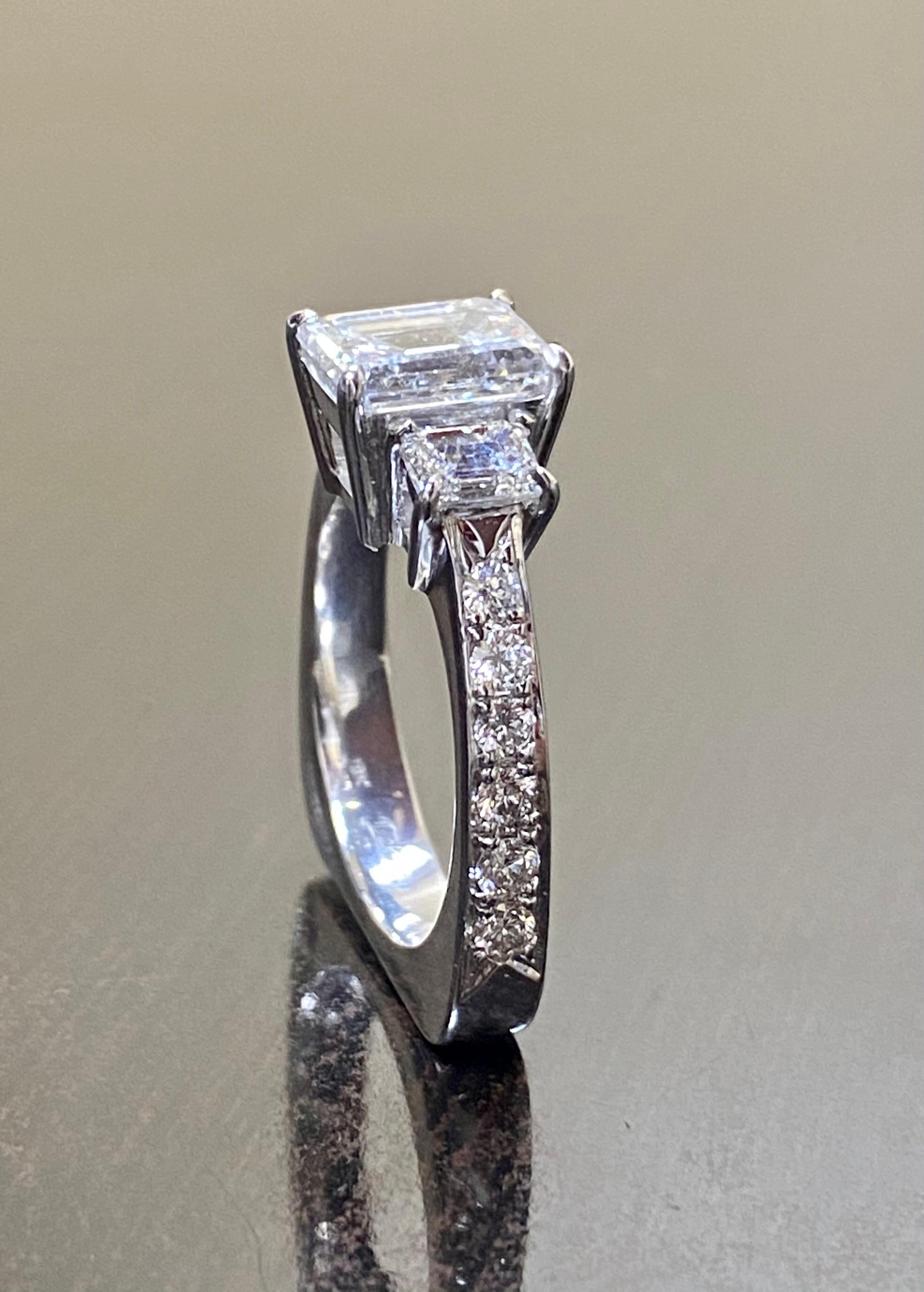 18K White Gold GIA Certified Emerald Cut Diamond Three Stone Engagement Ring In New Condition For Sale In Los Angeles, CA