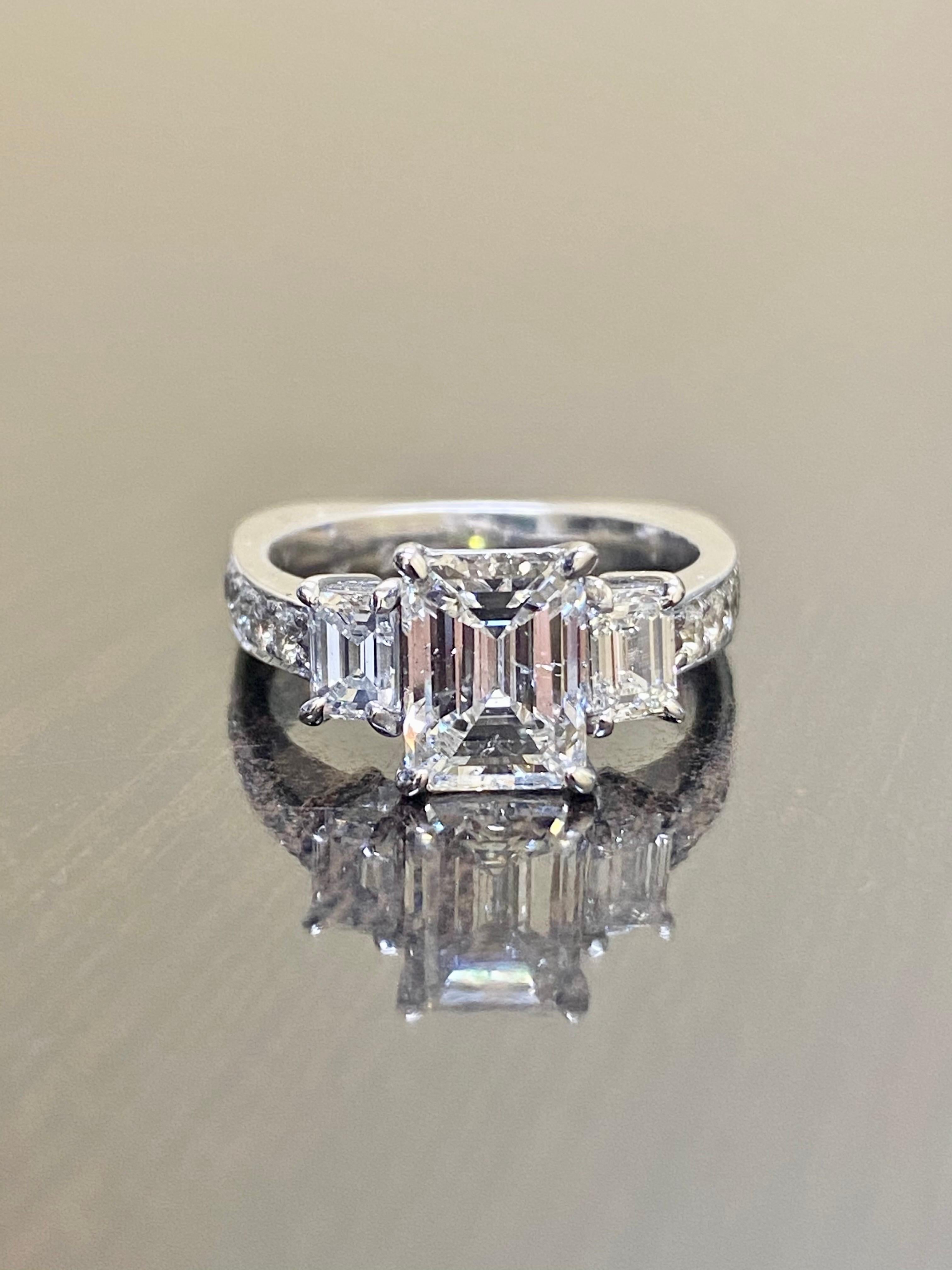 18K White Gold GIA Certified Emerald Cut Diamond Three Stone Engagement Ring For Sale 2