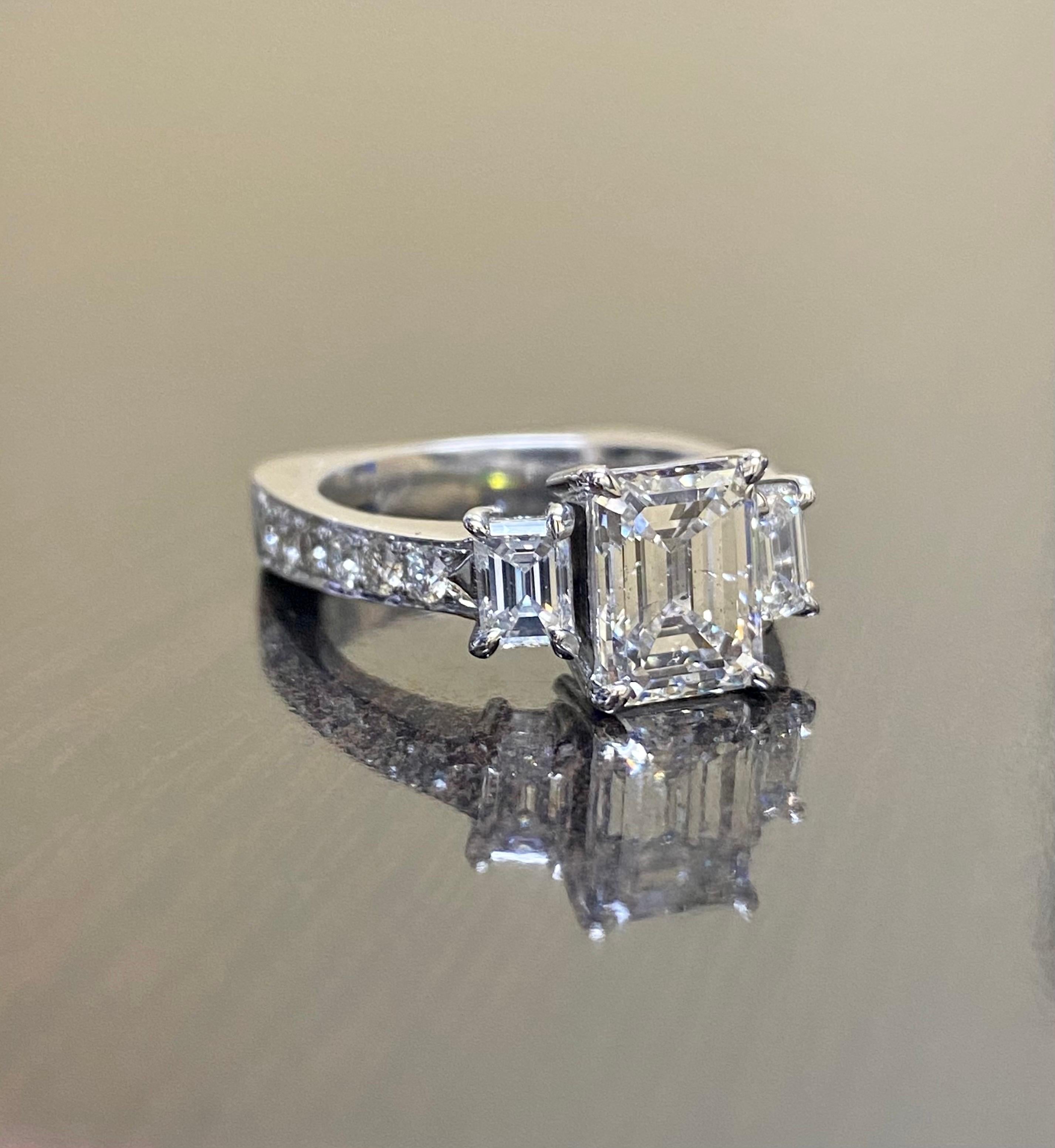 18K White Gold GIA Certified Emerald Cut Diamond Three Stone Engagement Ring For Sale 3
