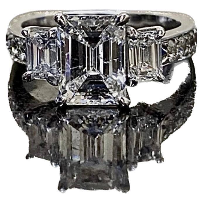 18K White Gold GIA Certified Emerald Cut Diamond Three Stone Engagement Ring For Sale