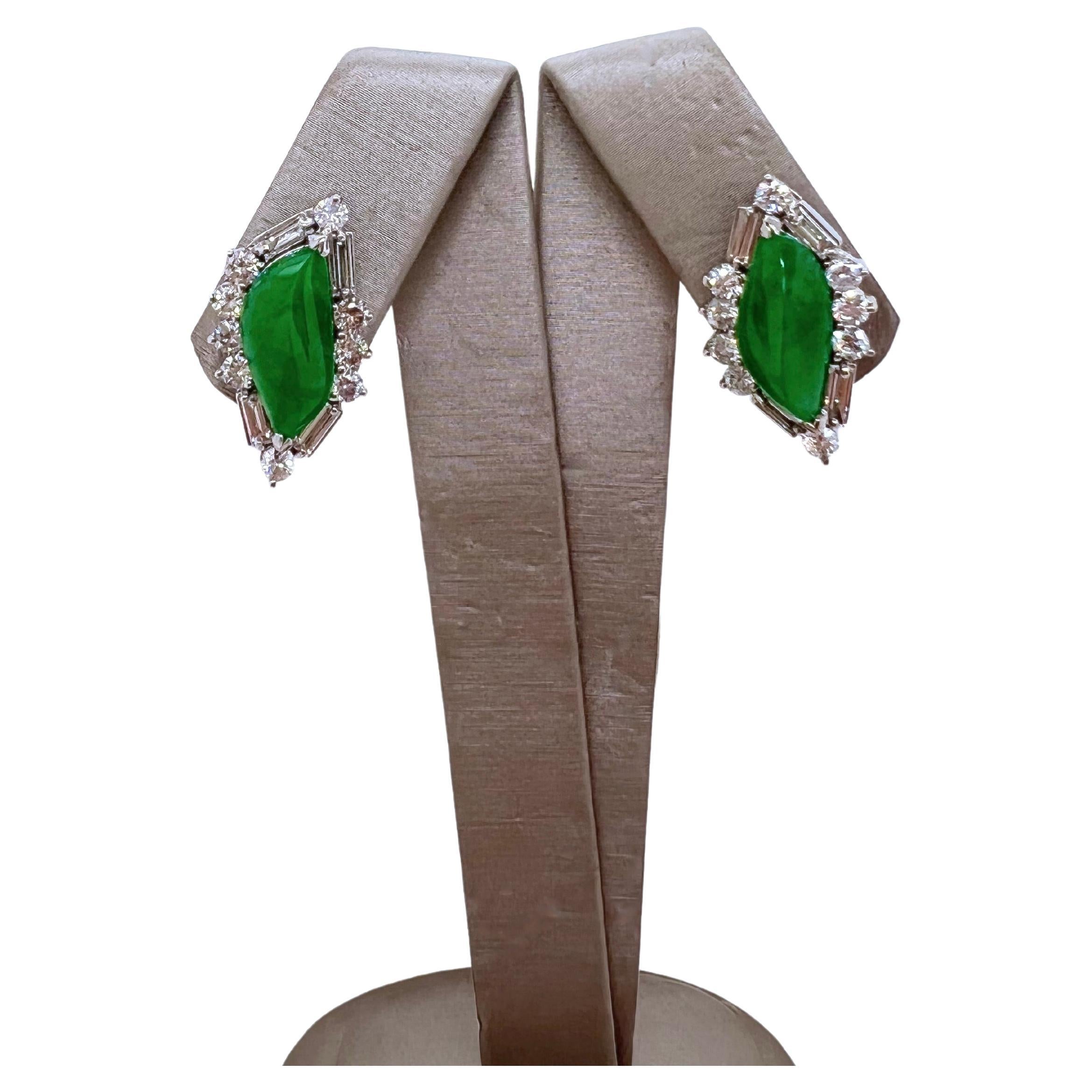 Baguette Cut 18k White Gold Jadeite Earrings with Diamonds GIA Certified For Sale