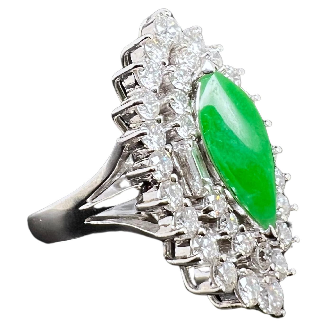 Marquise Cut 18k White Gold GIA Certified Jadeite Ring with Diamonds For Sale