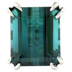 18k White Gold GIA Emerald Step Cut Rare Greenish Blue Tourmaline Solitaire Ring