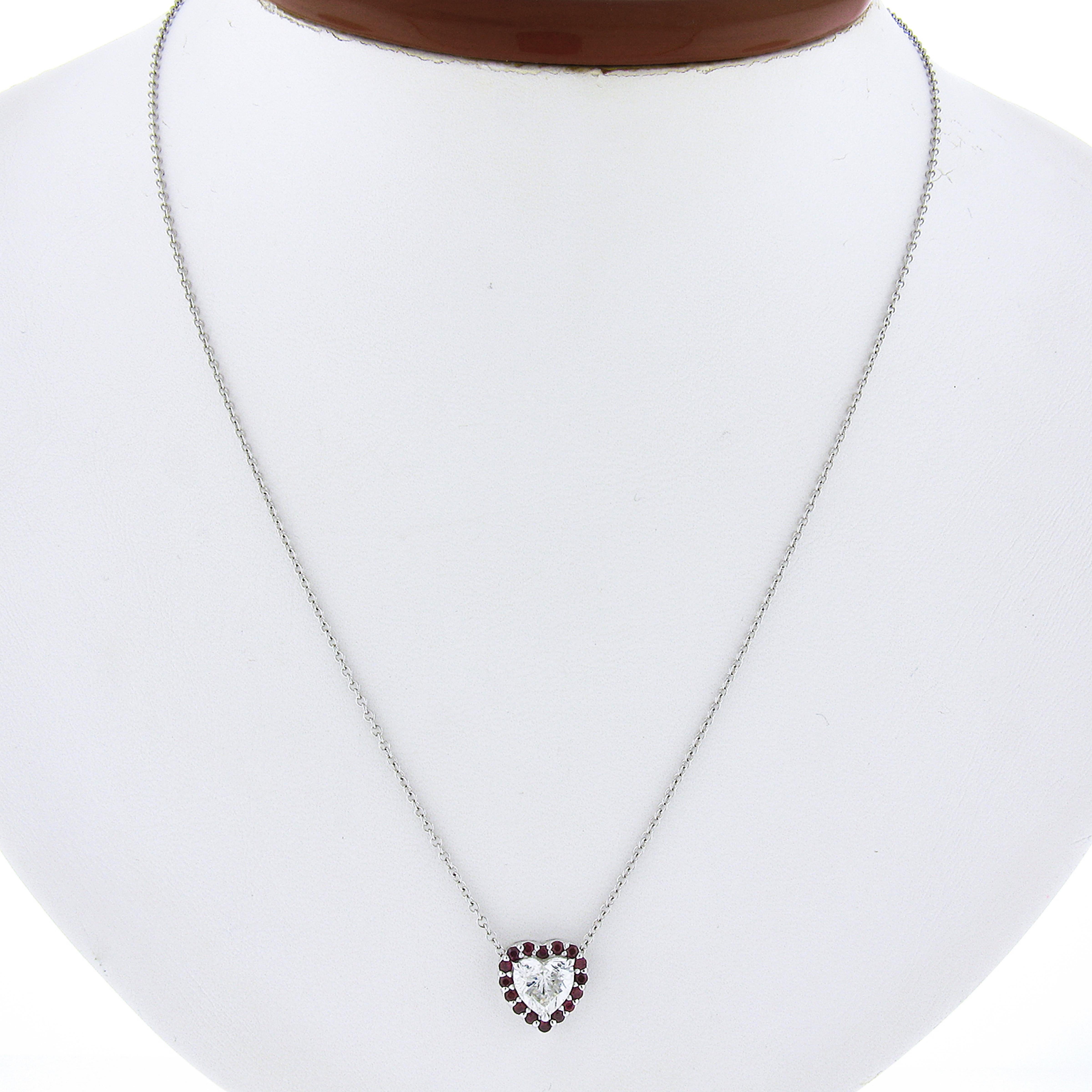 Heart Cut 18k White Gold GIA Heart Brilliant Diamond & Ruby Halo Slide Pendant Necklace For Sale