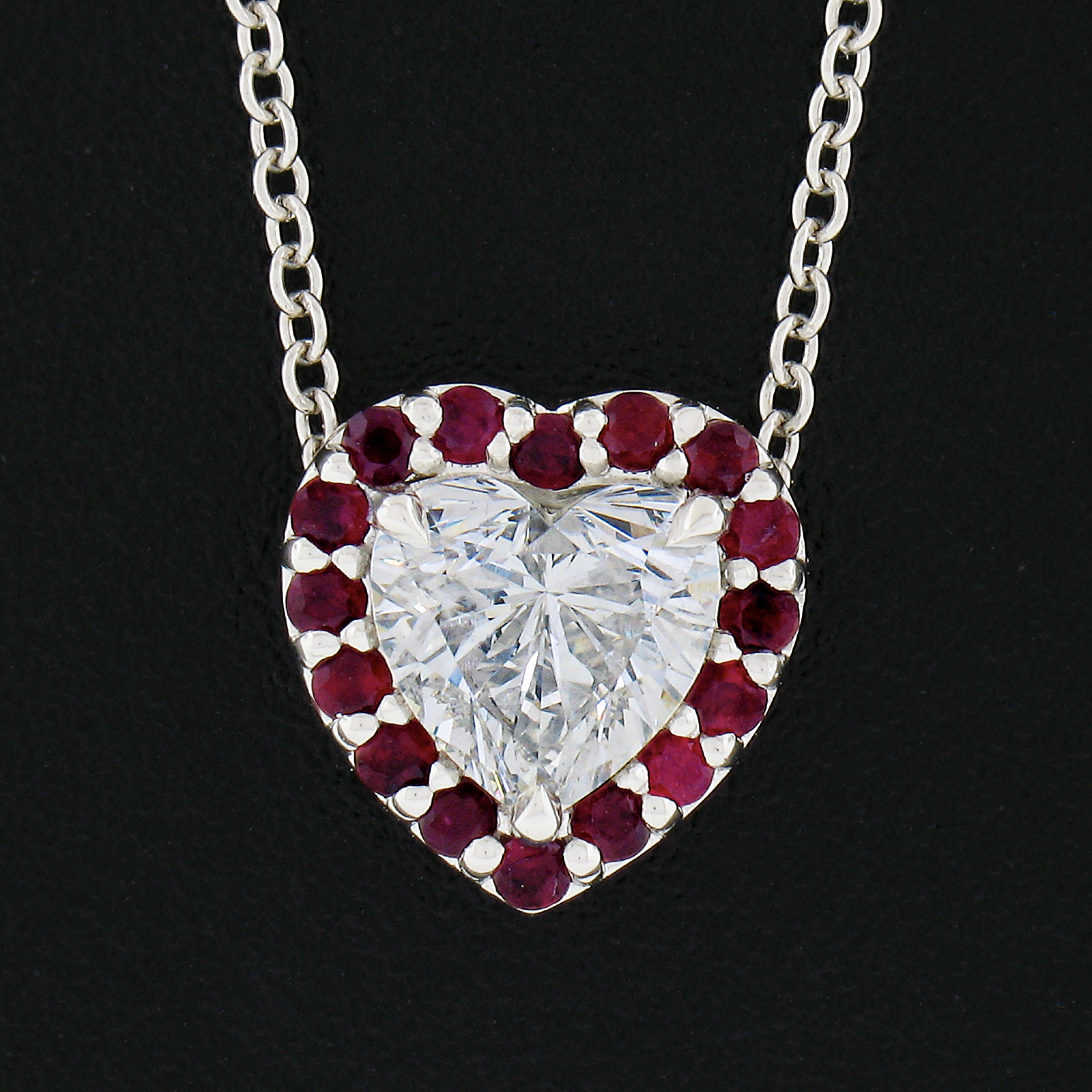 18k White Gold GIA Heart Brilliant Diamond & Ruby Halo Slide Pendant Necklace In New Condition For Sale In Montclair, NJ
