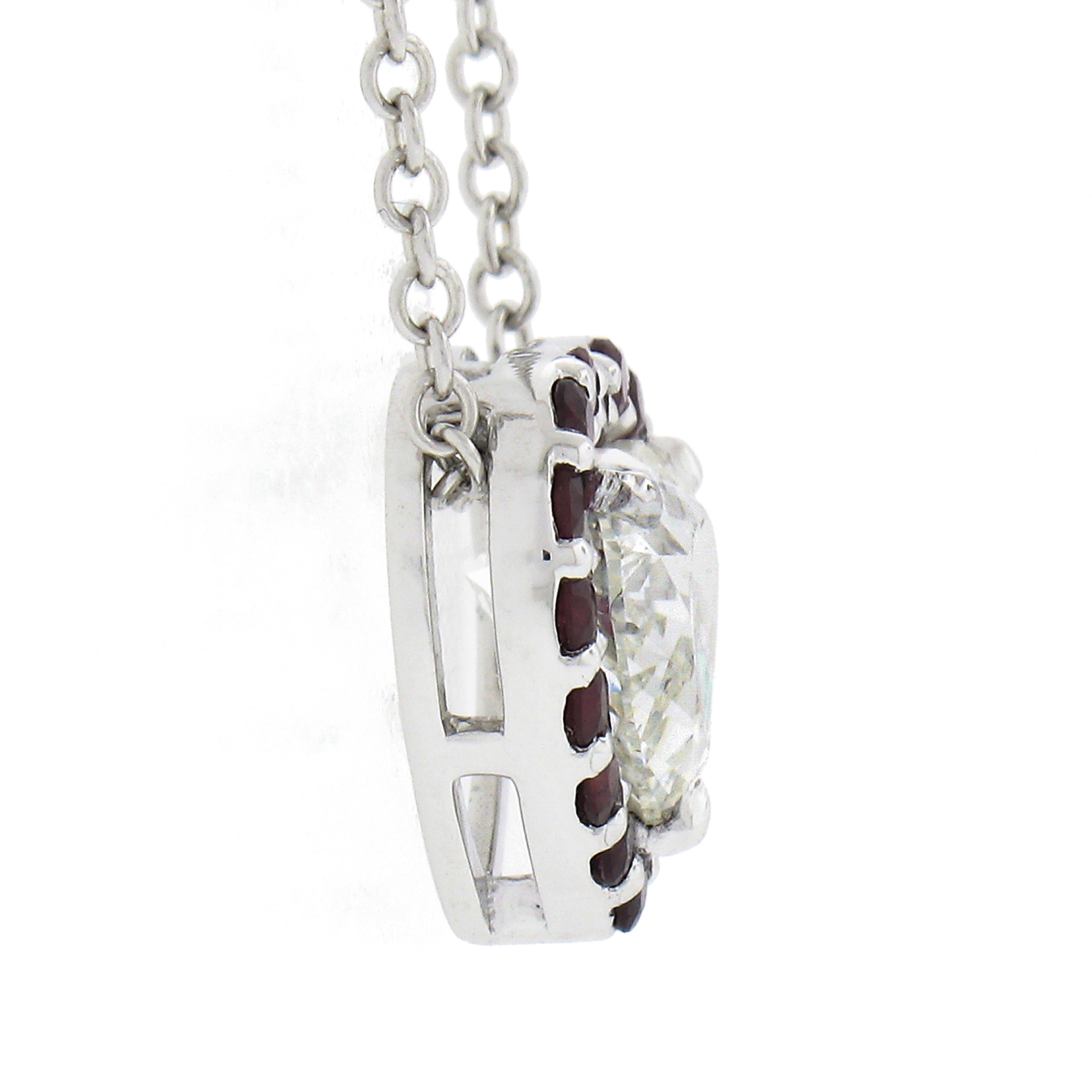 Women's 18k White Gold GIA Heart Brilliant Diamond & Ruby Halo Slide Pendant Necklace For Sale