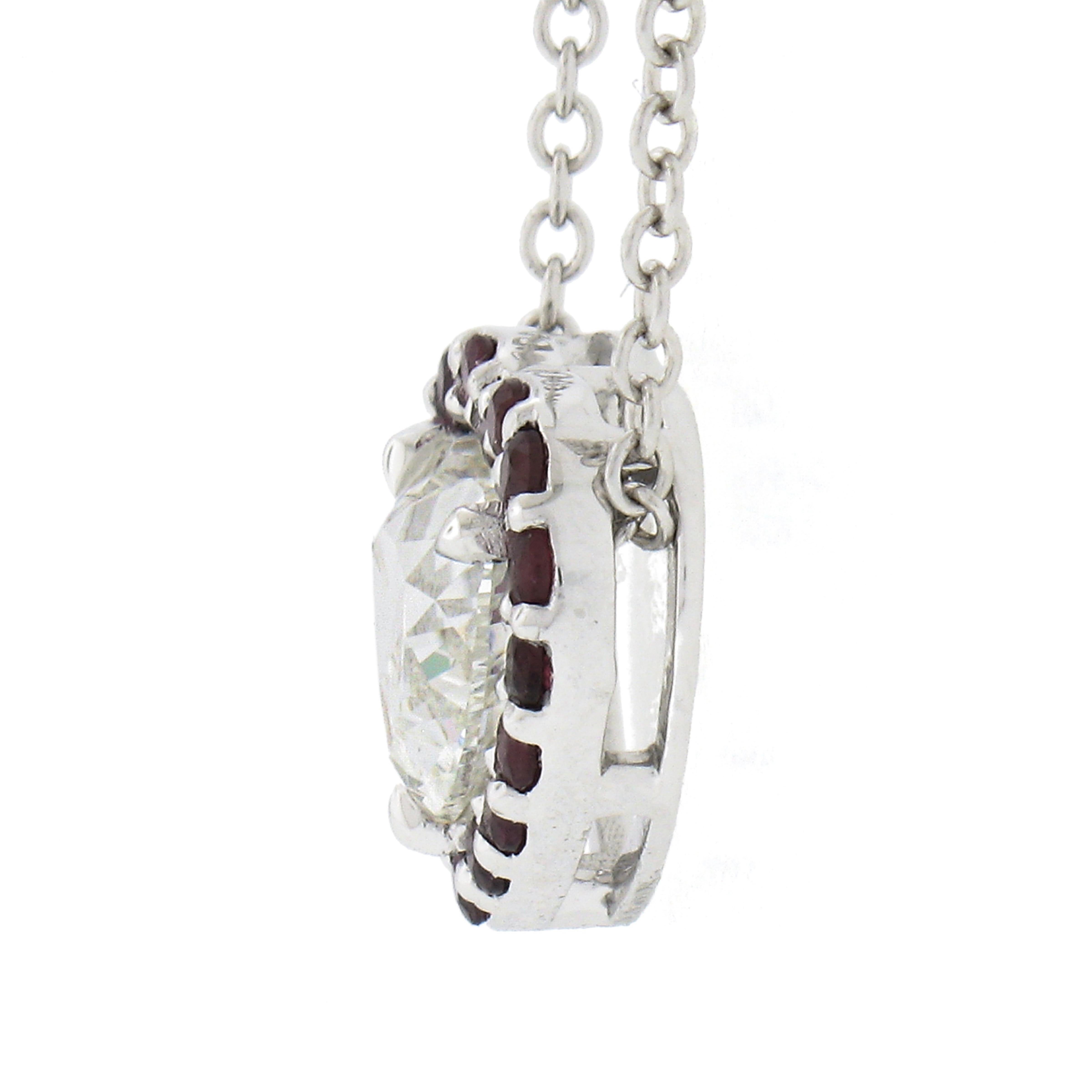 18k White Gold GIA Heart Brilliant Diamond & Ruby Halo Slide Pendant Necklace For Sale 1