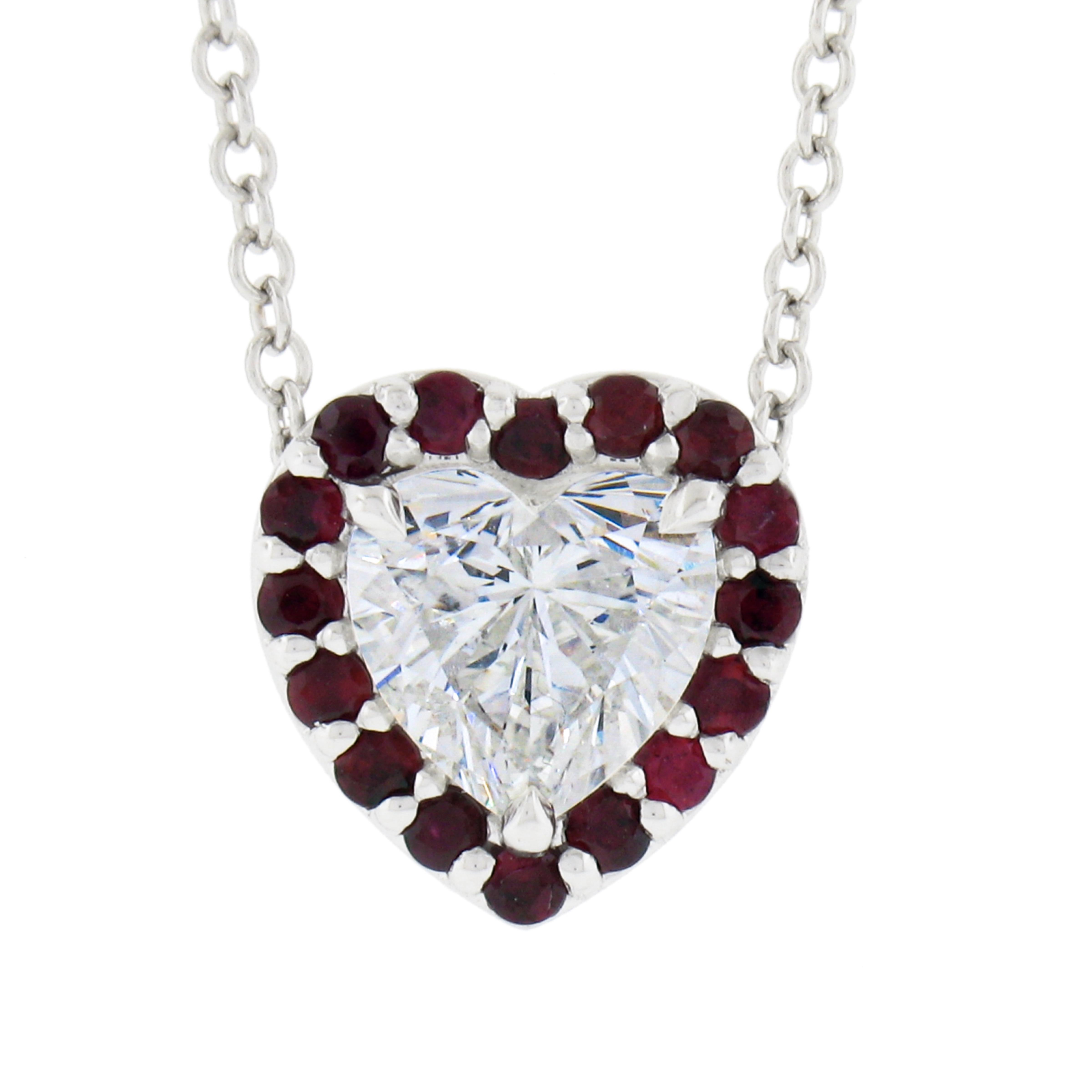 18k White Gold GIA Heart Brilliant Diamond & Ruby Halo Slide Pendant Necklace For Sale