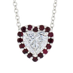 18k White Gold GIA Heart Brilliant Diamond & Ruby Halo Slide Pendant Necklace