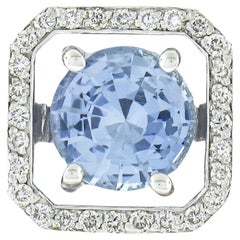 18k White Gold GIA No Heat Sapphire Solitaire W/ Diamond Halo Engagement Ring