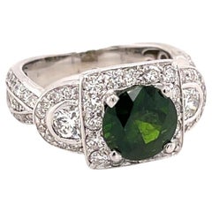 18k White Gold GIA Round Green Garnet W/ Half Moons & Round Diamond Halo Ring