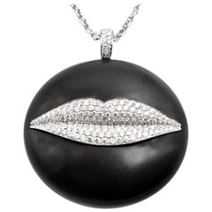 18 Karat White Gold Gianni Bulgari “Enigma” Pave Diamond Lip Necklace