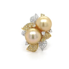 18K White Gold Golden Pearl Ring with Diamonds