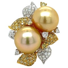 18K White Gold Golden Pearl Ring with Diamonds